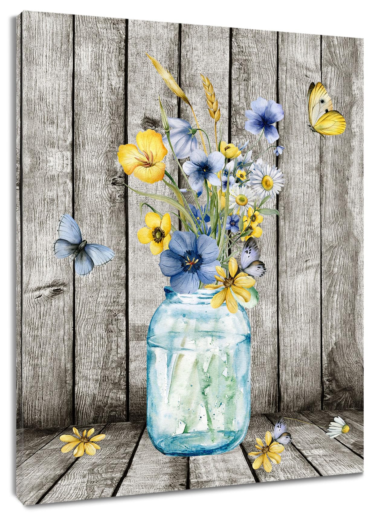 Hvest Blue And Yellow Floral Wall Art For Living Room,Blue Flower In Vase And Butterfly On Farmhouse Wood Canvas Wall Art Countr