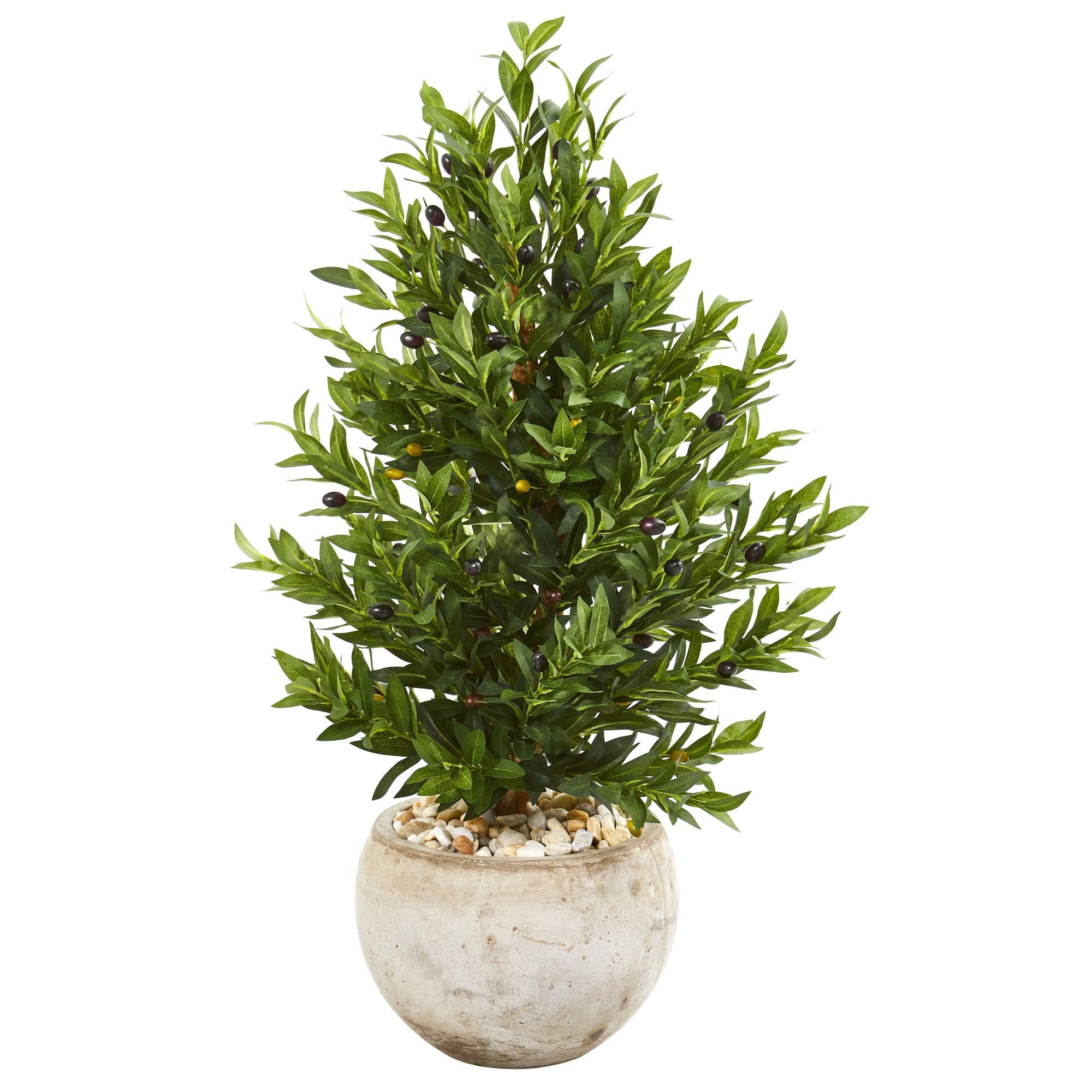 Nearly Natural 3ft. Olive Cone Topiary Artificial Sand Stone Planter UV Resistant (Indoor/Outdoor) Silk Trees, 24 In. W x 24 In.