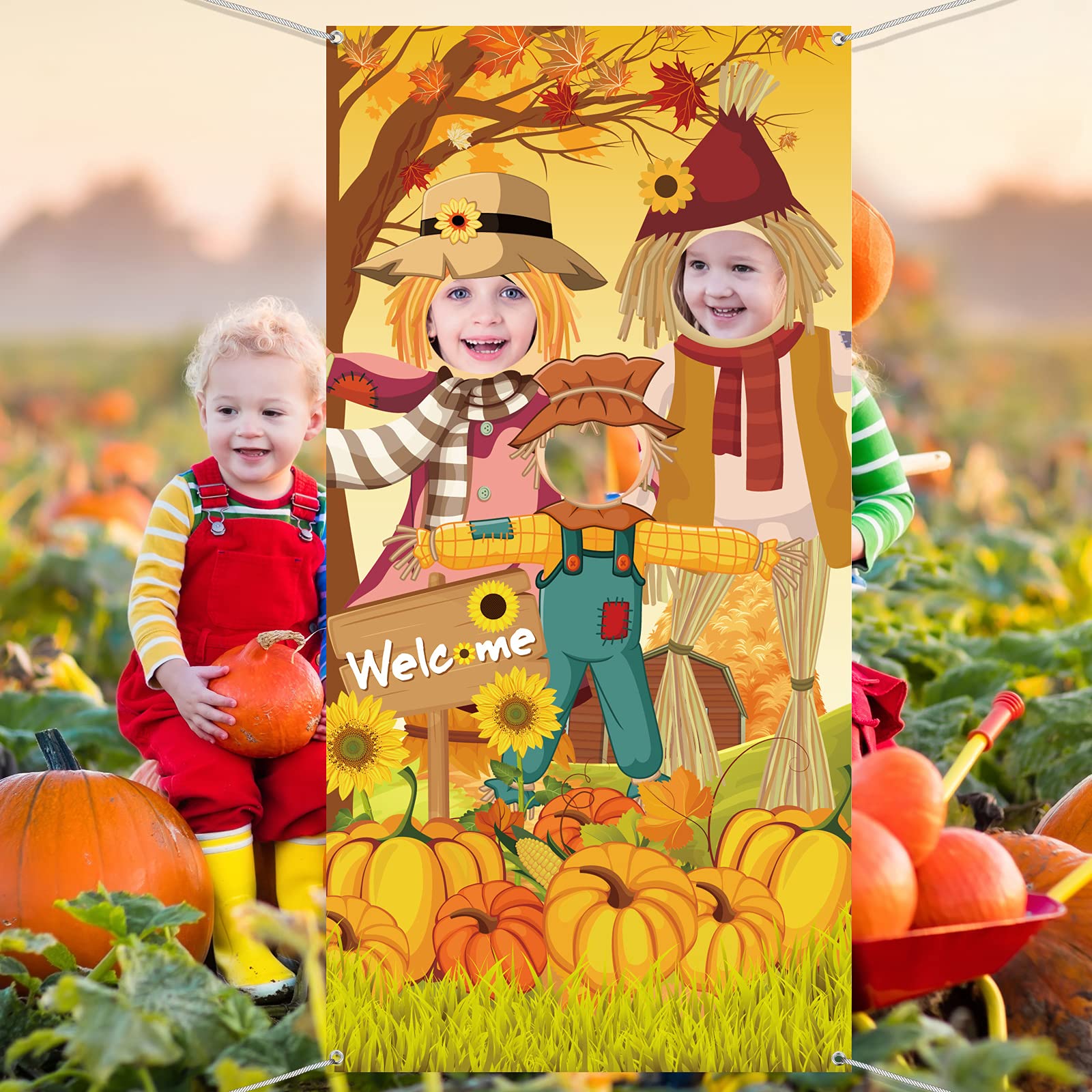 Thanksgiving Party Scarecrow Backdrop Decoration,Pumpkins Sunflower Photo Door Banner Cover Harvest Maple Fall Leaves For Autumn
