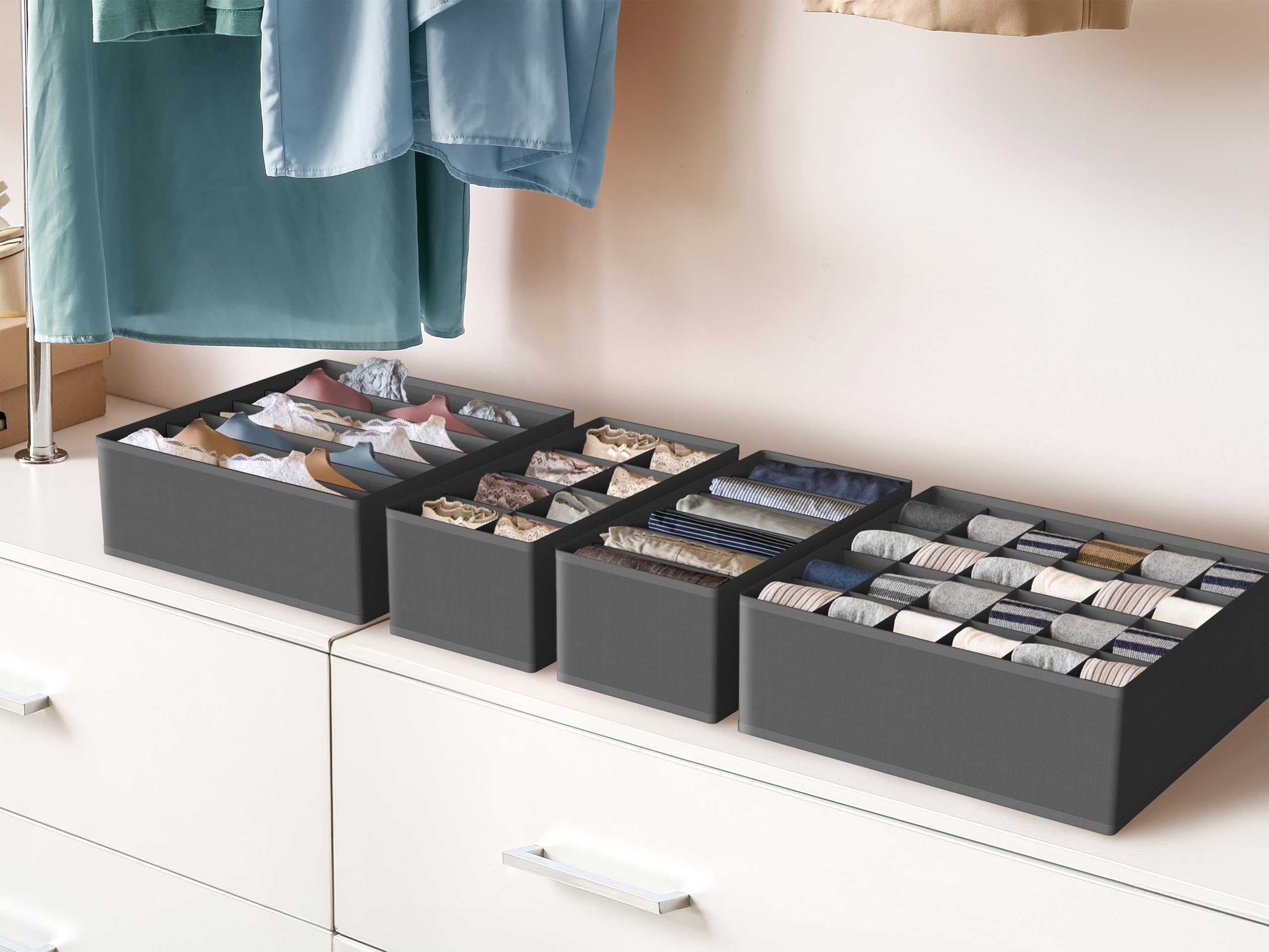 Simple Houseware Closet Underwear Organizer Drawer Divider 4 Set, Dark Grey