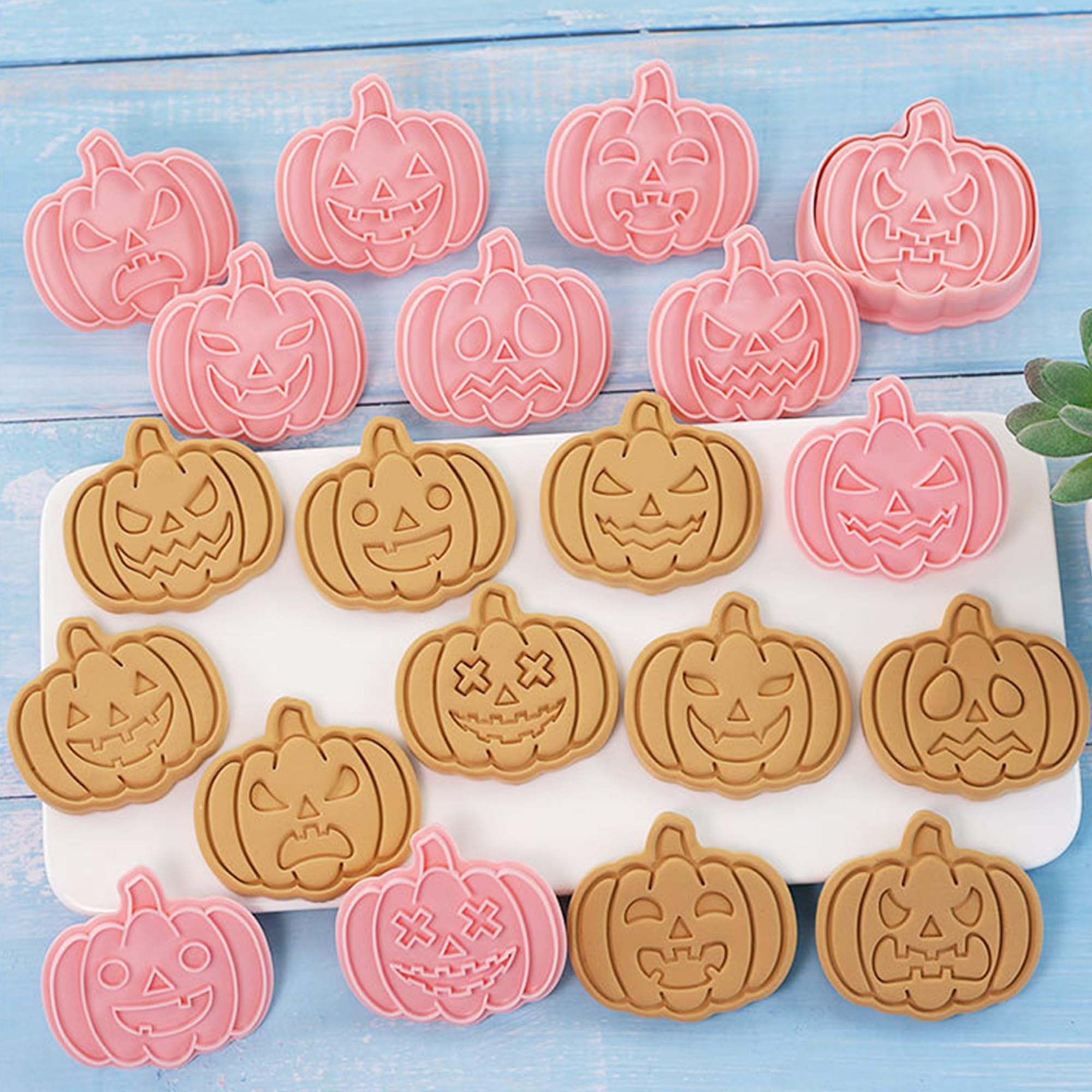 10Pcs 3D Halloween Cookie Cutter Set, Food-Grade Plastic Halloween Cookie Stamps, Pumpkin & Ghost Expressions Cookie Molds, Cook