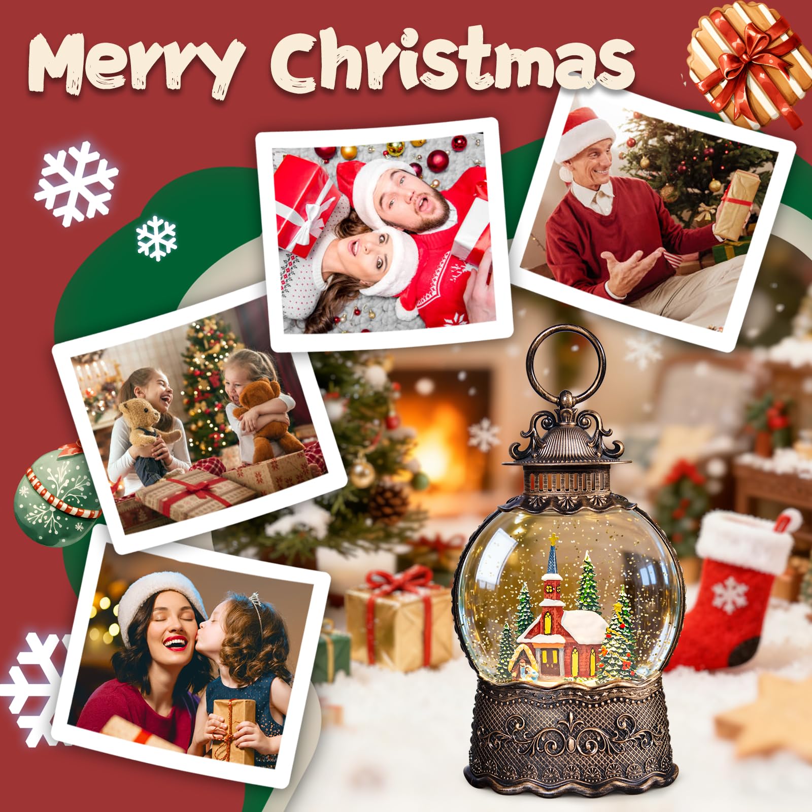 Christmas Snow Globes Lantern, Church and Christmas Tree Christmas Decorations Indoor, 6H Timer Battery & USB Powered Light Up M