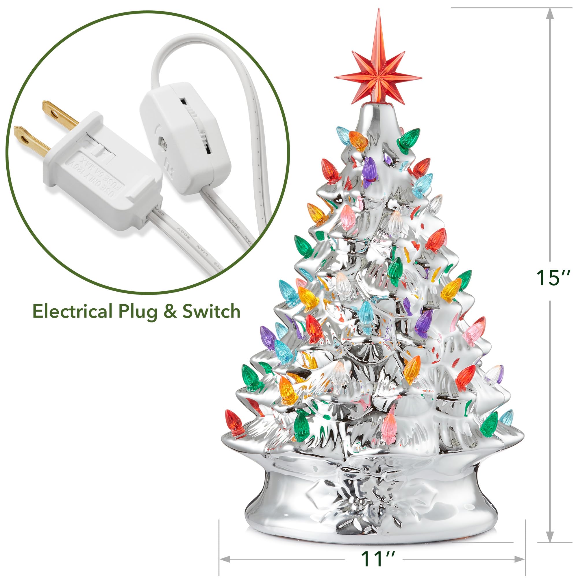 Casafield Hand Painted Ceramic Christmas Tree, Silver 15-Inch Pre-Lit Tree with 128 Multi Color Lights and 2 Star Toppers