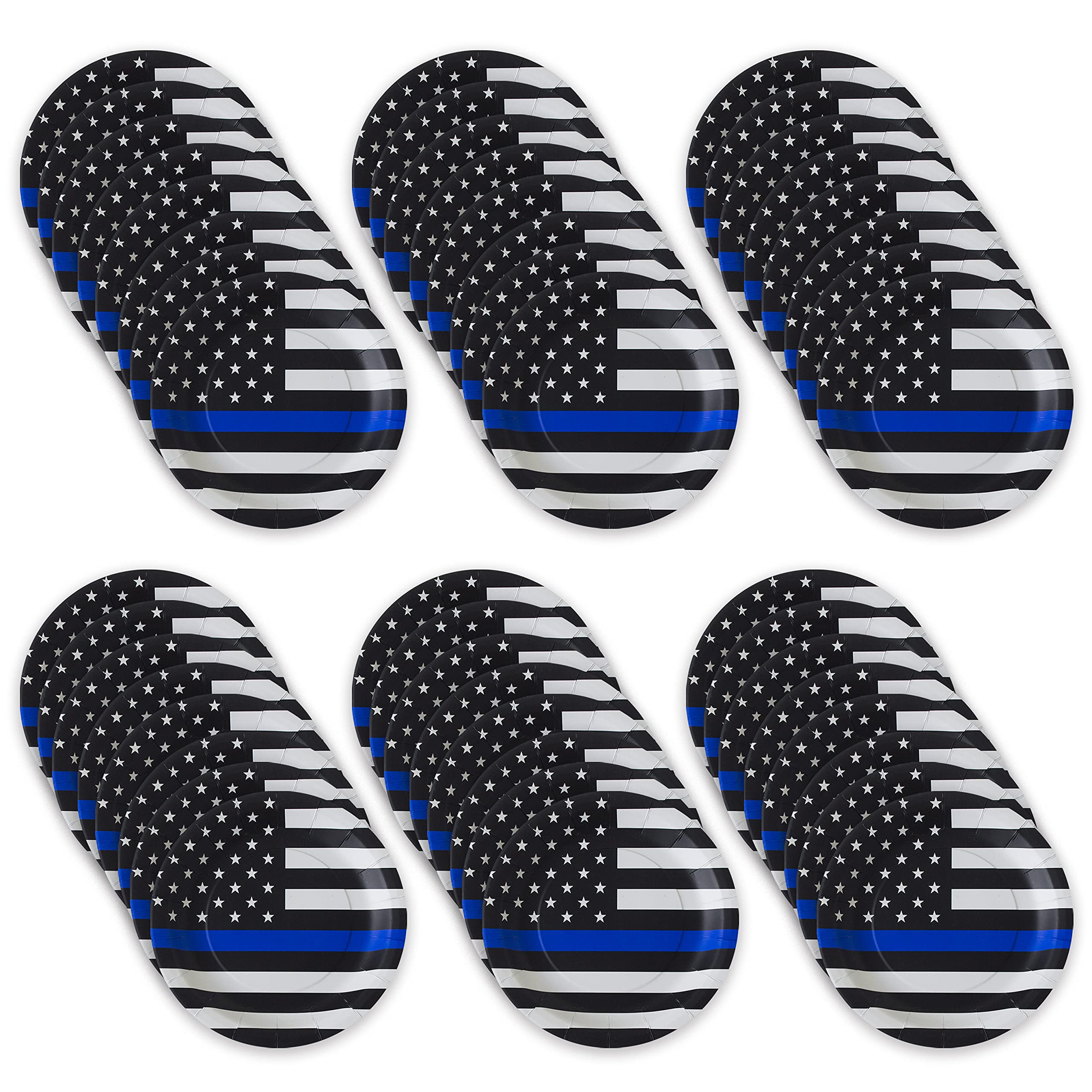 Havercamp Police-Thin Blue Line 9    Plates (48 Pack)! 48 Lg. Round Dinner Plates In The Official Thin Blue Line Flag Pattern.