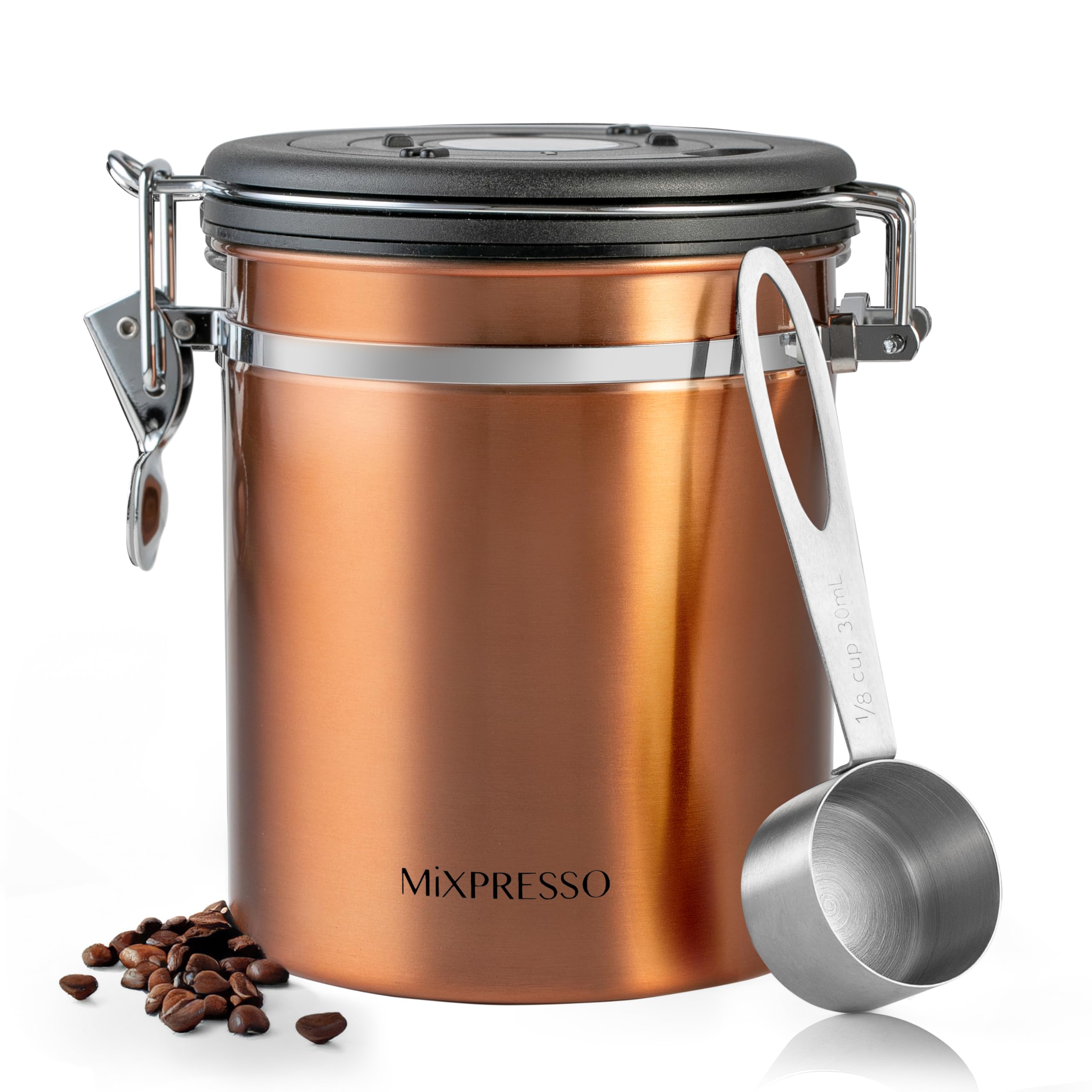 Mixpresso Copper 16 Oz Stainless Steel Coffee Canister with Scoop - Airtight Coffee Container with CO2 Valve for Bean Storage, D