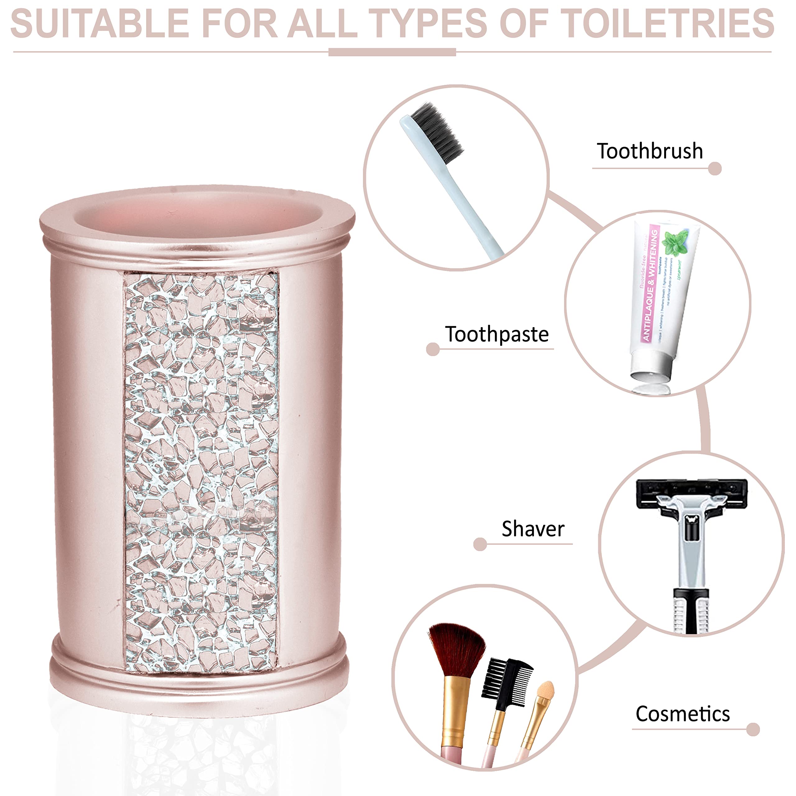 Zahari Home 4pc Sinatra Stylish Bathroom Accessories Set Liquid Soap Dispenser  Tumbler  Tooth Brush Holder and Soap Dish Modern Classic Luxury Decor Bling Mosaic Glass Blush Bathroom Accessories