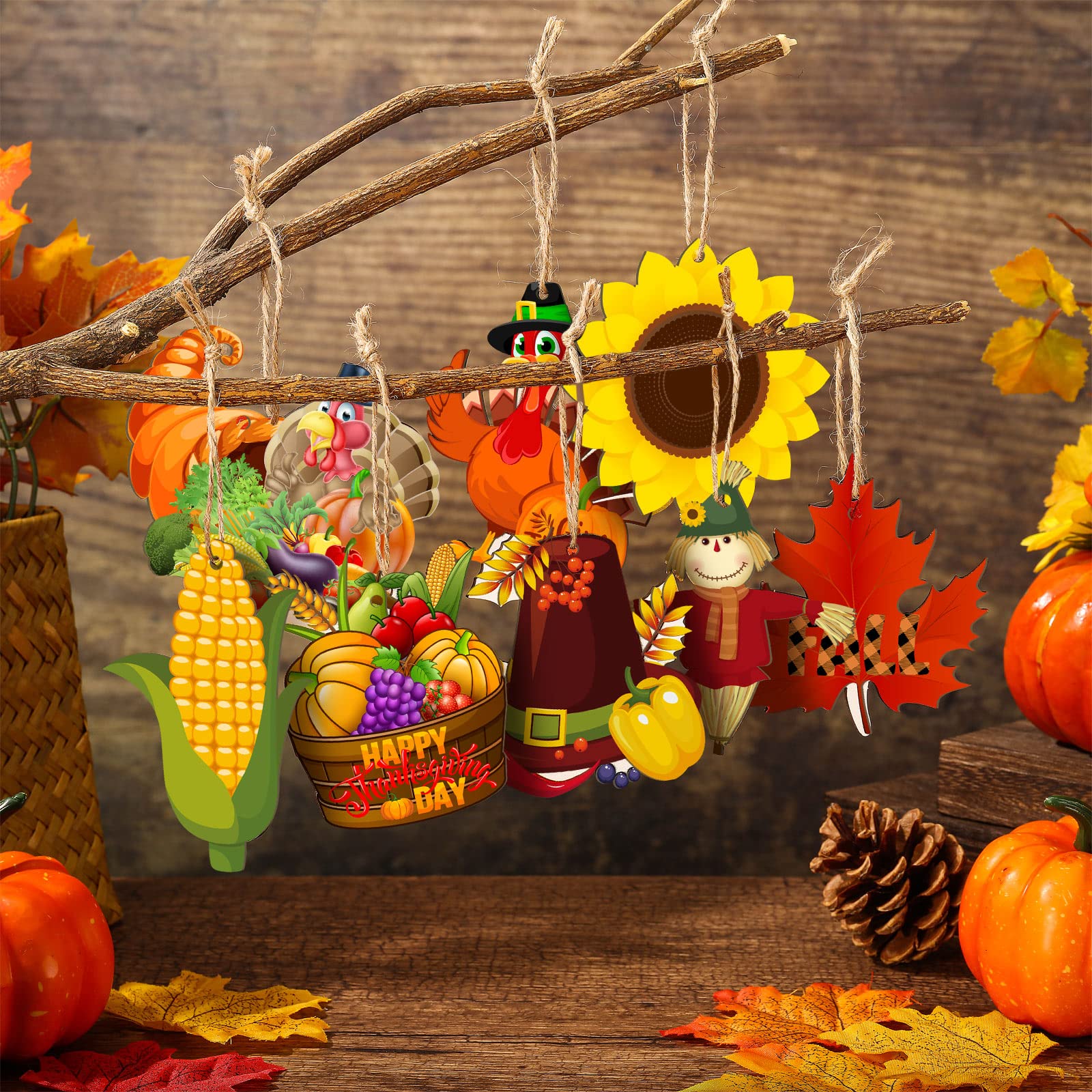 Bucherry 40 Pieces Fall Thanksgiving Wood Ornaments Fall Tree Ornaments Pumpkin Cutout Maple Acorns Turkey Autumn Harvest Hangin
