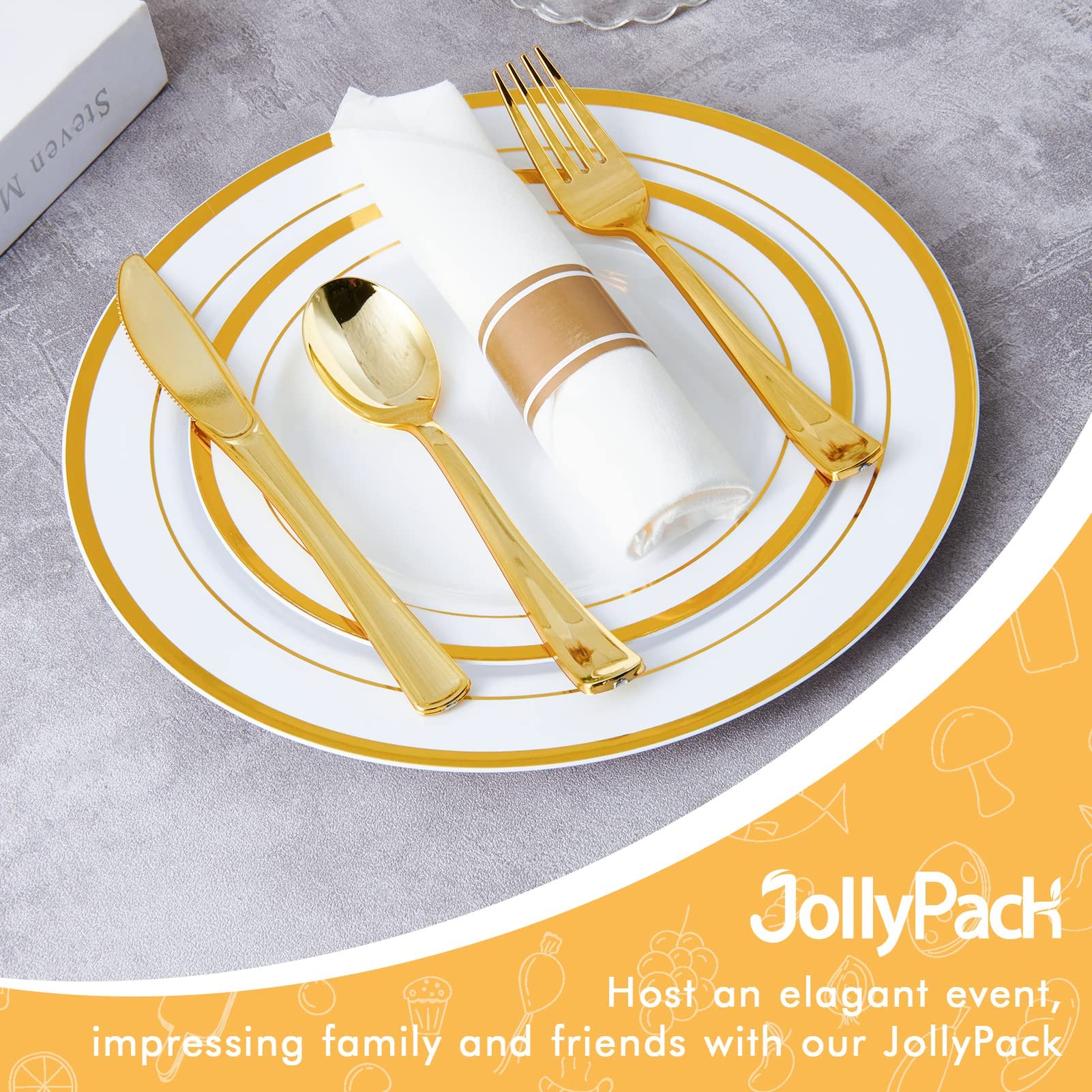 Jollypack 100 Piece Plastic Party Plates, Disposable Gold Plastic Plates, Include 10 Inch Disposable Dinner Plates 50Pcs And 7 I