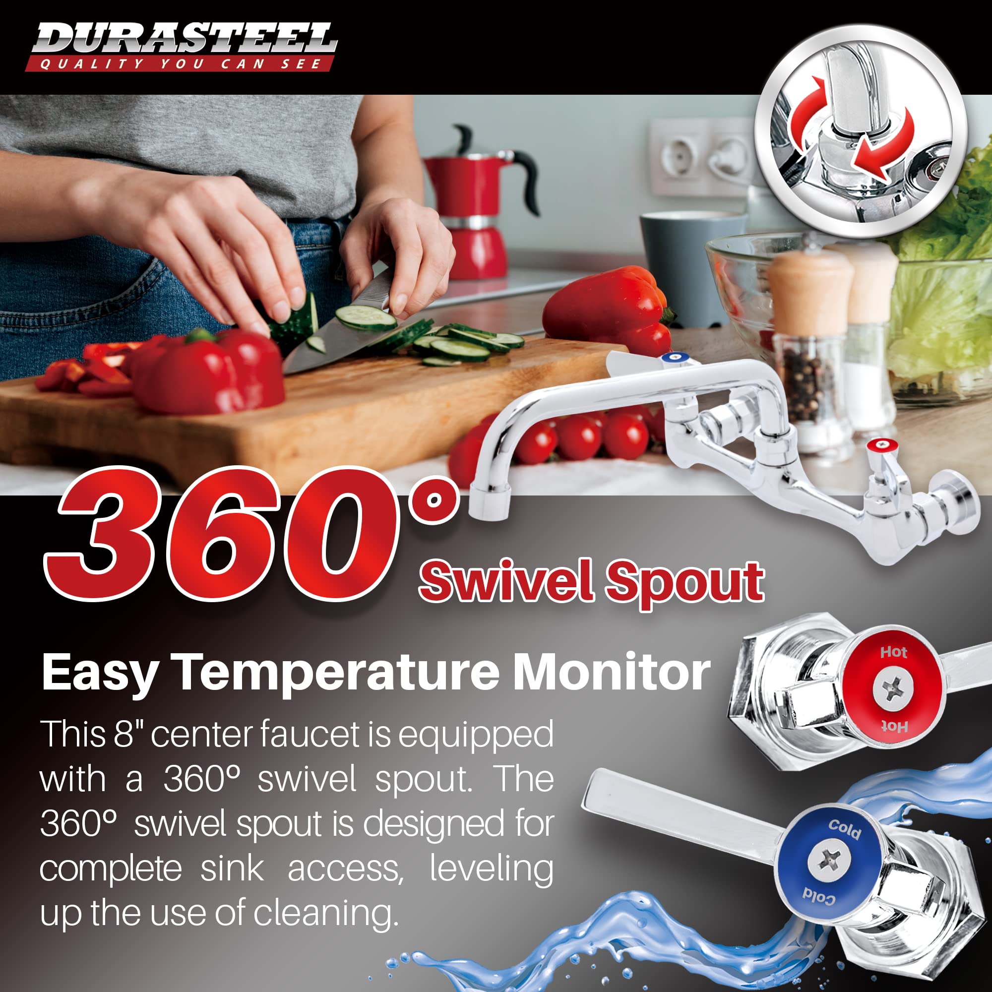 Kitchen Sink Faucet Wall Mount - Durasteel 8'' Center Commercial Kitchen Sink Faucet With 8'' Swivel Spout - Dual Lever Handles