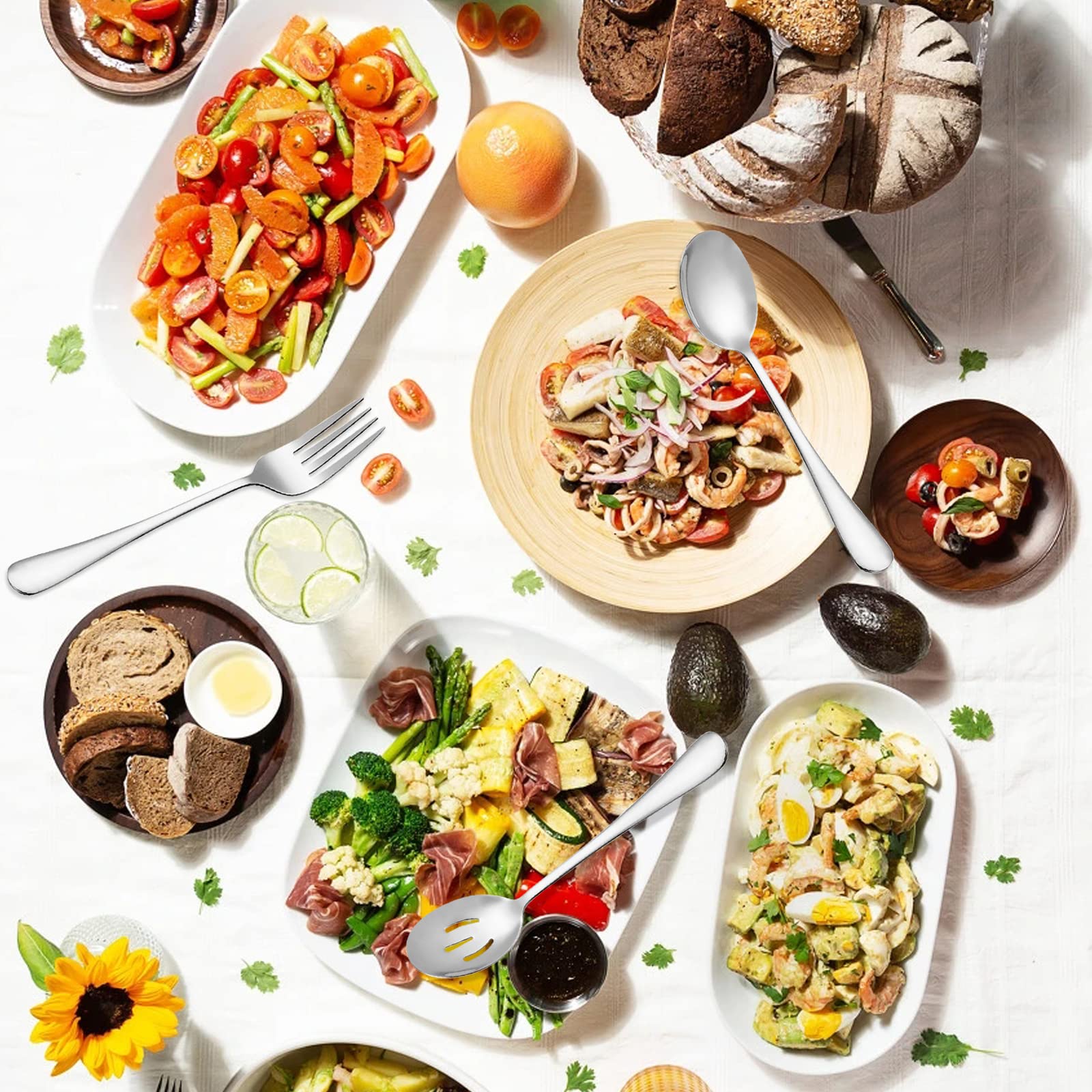 6 Pieces Large Serving Flatware Silverware Set, Findtop 2 Slotted Serving Spoon, 2 Serving Spoon And 2 Serving Fork For Party Bu