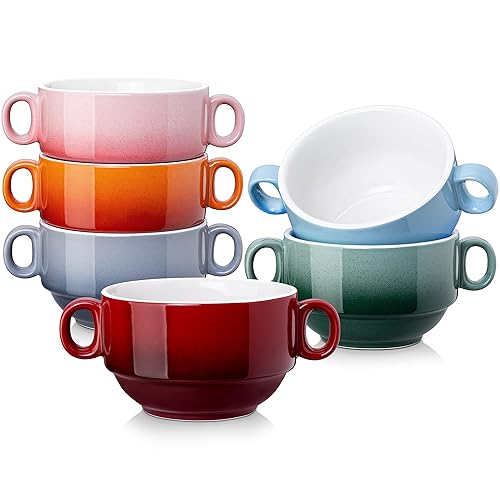 LOVECASA Multi-Color Soup Bowls with Handles  Small Ceramic French Onion Soup Bowls  13 OZ Soup Mugs Serving Bowls for Kitchen  Microwave & Dishwasher Safe  Set of 6
