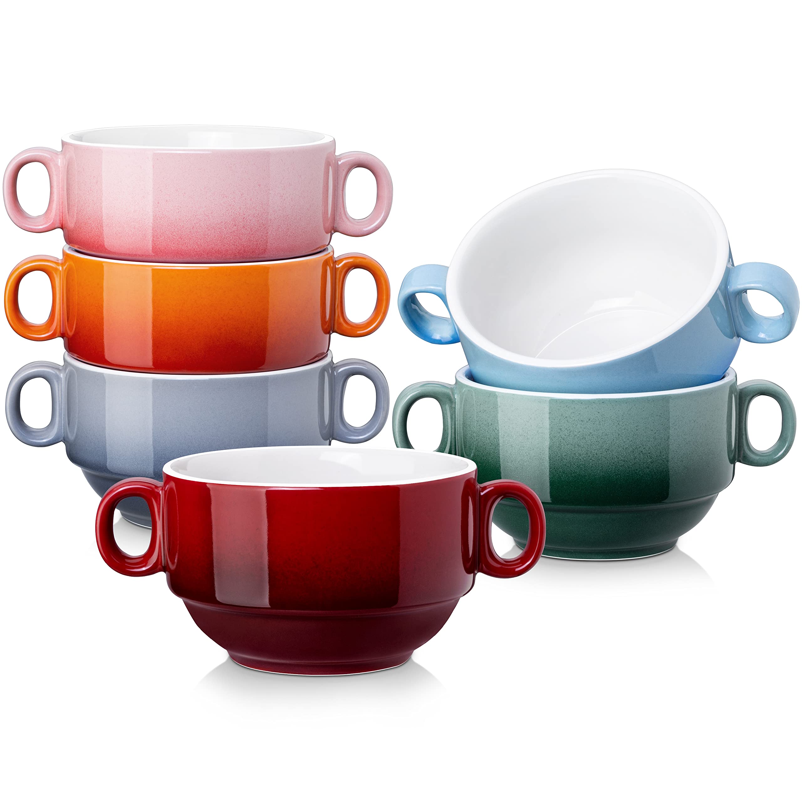 Lovecasa Multi-Color Soup Bowls With Handles, Small Ceramic French Onion Soup Bowls, 13 Oz Soup Mugs Serving Bowls For Kitchen,