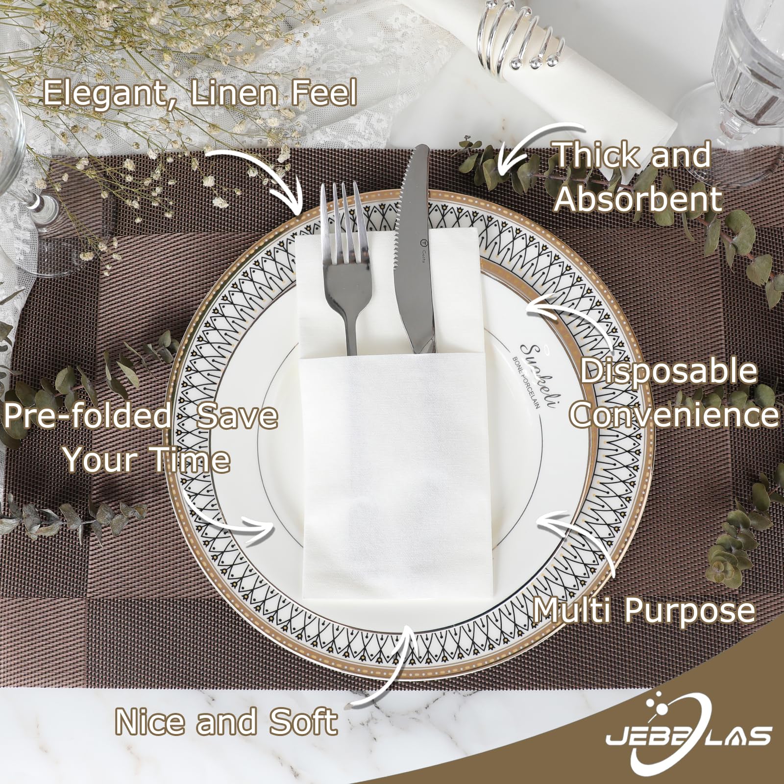JEBBLAS Disposable Cloth Like Napkins  Built-in Flatware Pocket  Wedding Party Linen Feel White Napkin  Prefolded for Silverware 100 Count