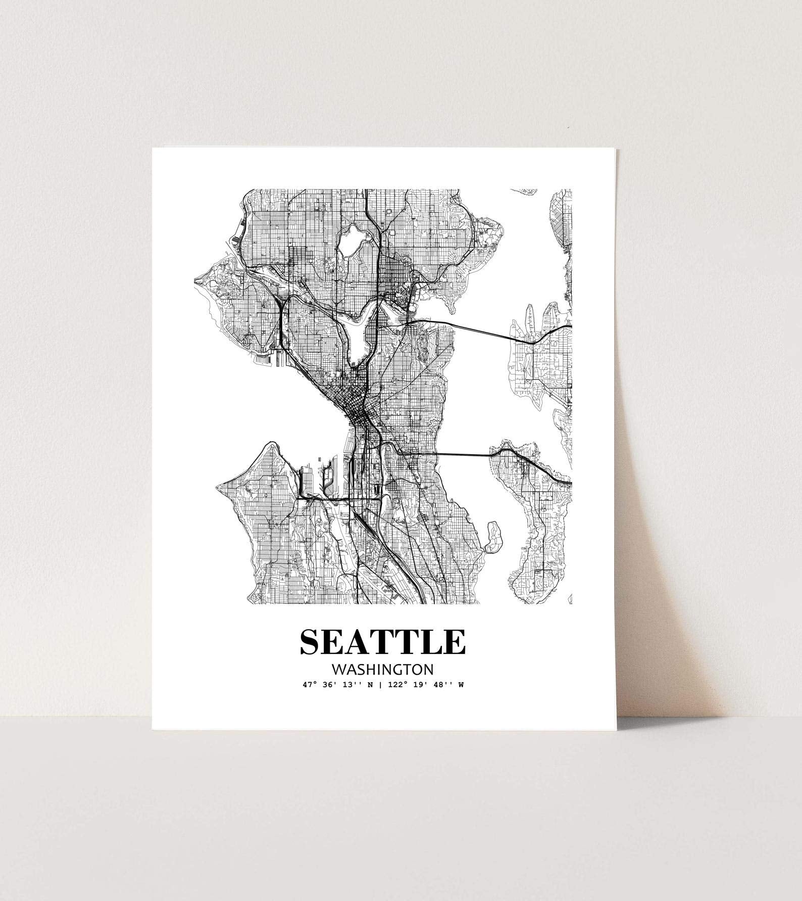 Eleville 8X10 Unframed Seattle Map Art Print - Modern Minimalist Line Art - White Paper - Model wgn483