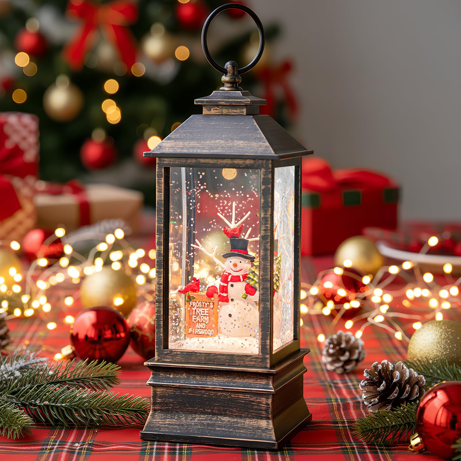 10 Frostys Tree Farm Snowman Musical Lighted Snow Globe Water Lantern with Swirling Glitter Decoration for Christmas Home, Li