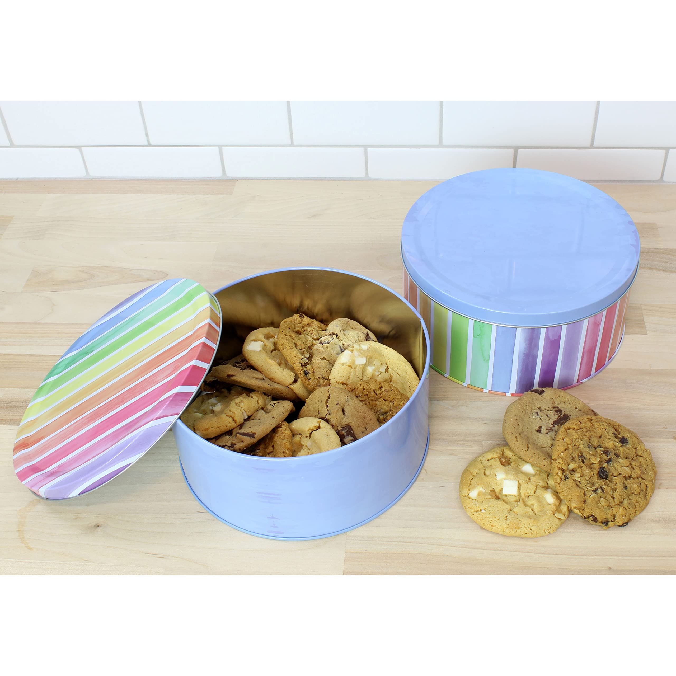 Cornucopia Cookie Tins (Set Of 2, Blue And Rainbow); Round Baking And Cake Tins For Special Occasions And Holidays, 7.75-Inch Wi