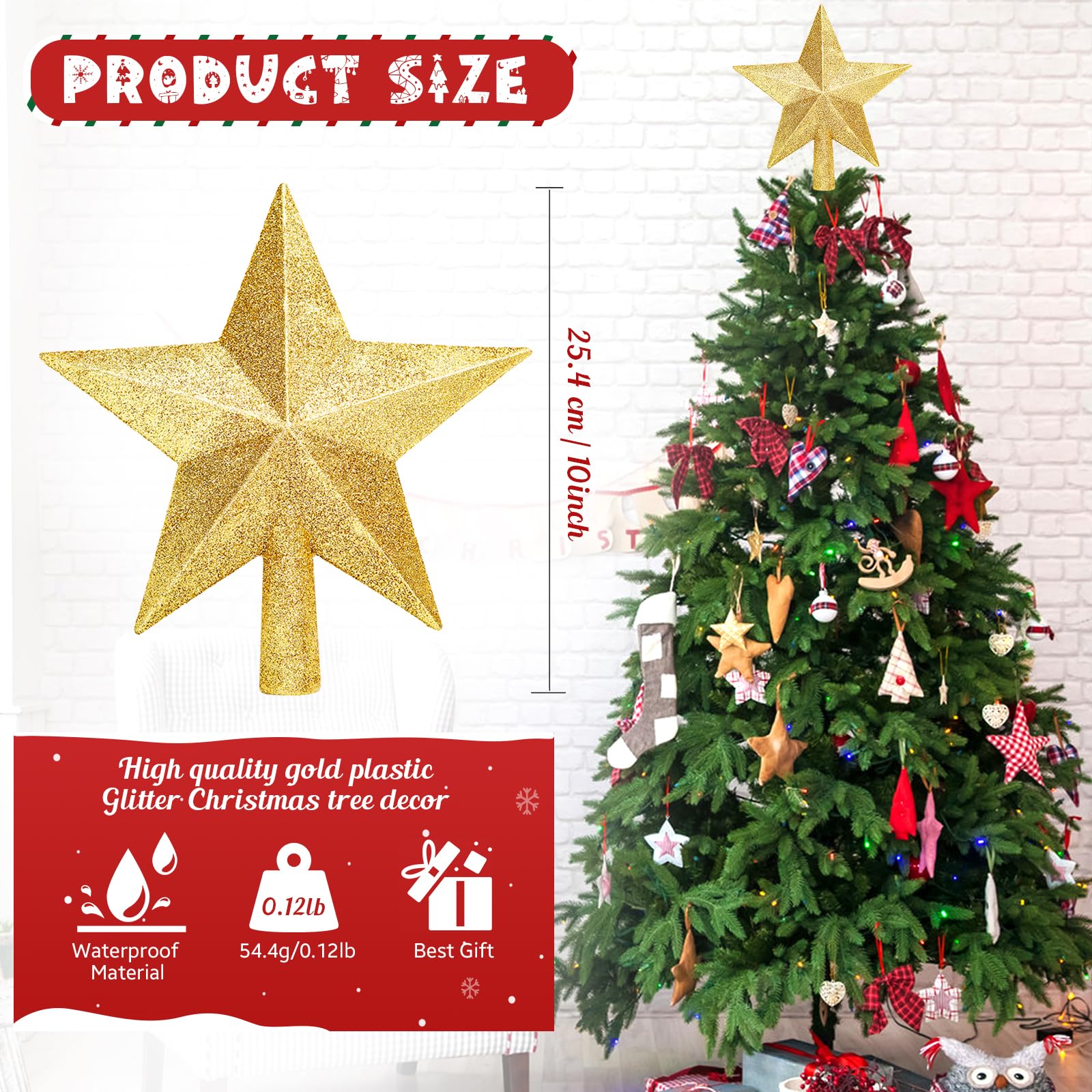Glitter Christmas Star Tree Topper for Holiday Decorations, Christmas Tree Decoration for Holiday Ornament and Home Decor, Shatt