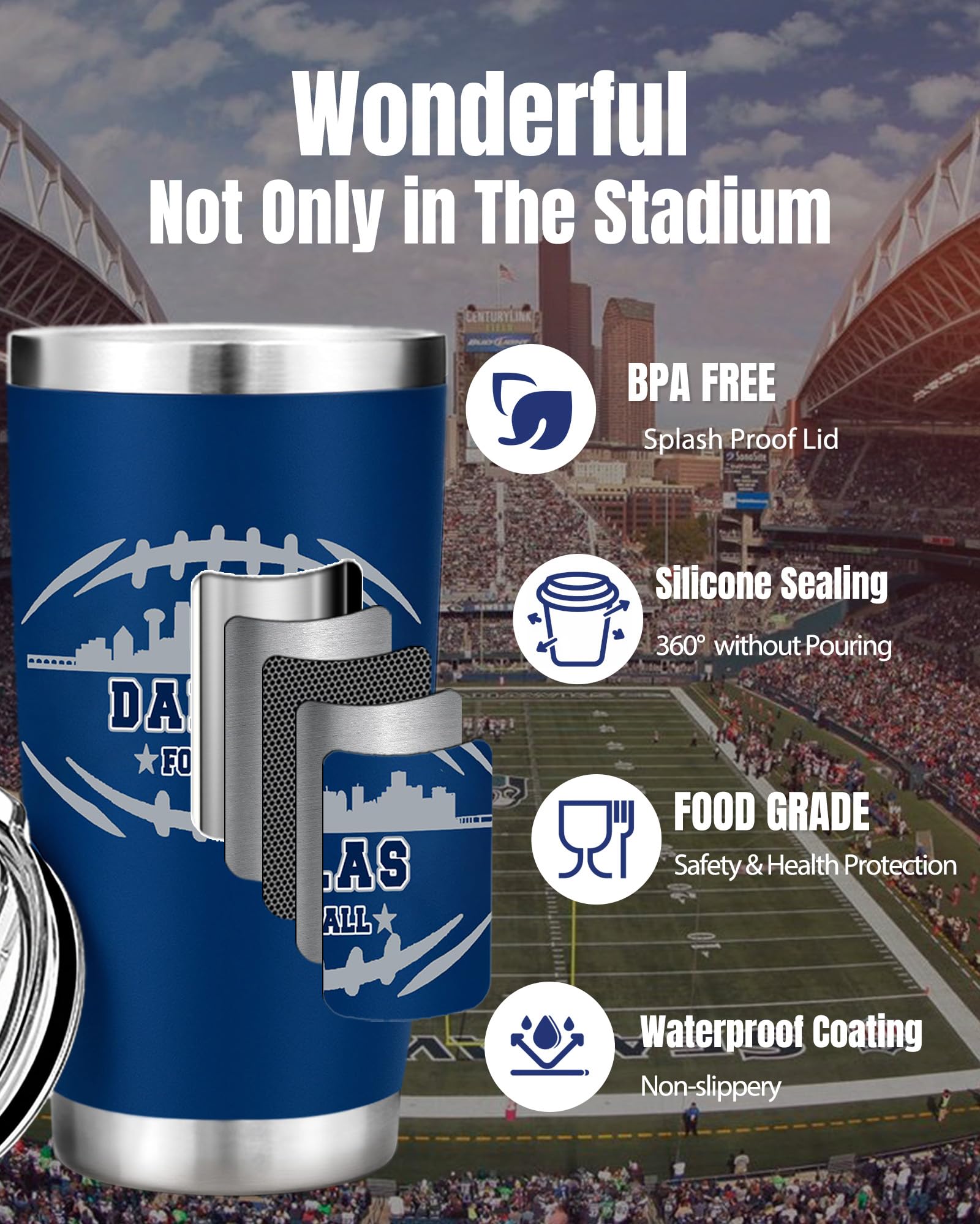 Football Fan 20 Oz Insulated Travel Coffee Cup Mug Tumbler with Lid Dallas Themed Merch Shop Men Women Sport Stuff Gear Apparel