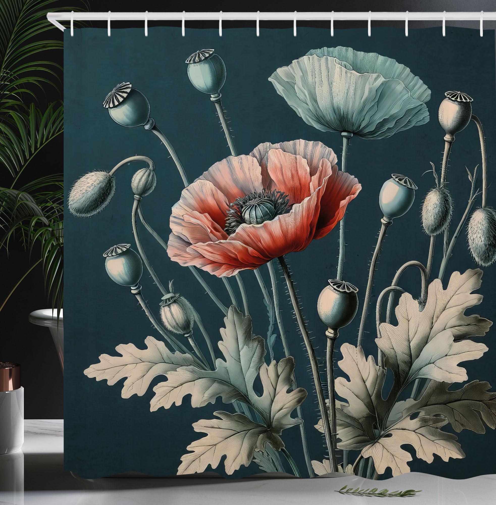 Ambesonne Vintage Shower Curtain, Jungle Greenery Leaves Detail Blooming Poppy Flowers With Nostalgia Tones, Cloth Fabric Bathro