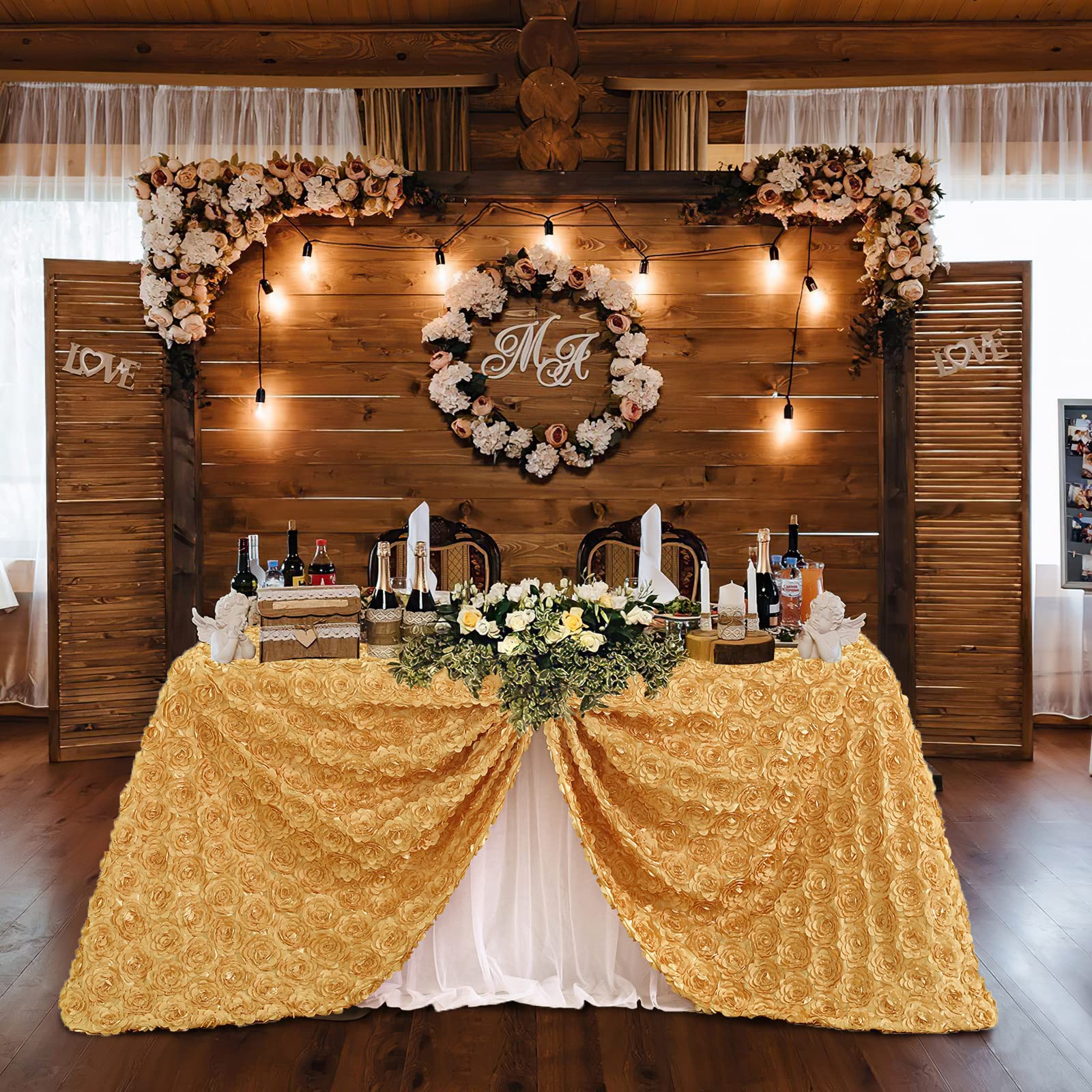 Fanqisi Rosette Tablecloth 50X102 Inches Gold Rectangle 3D Floral Satin Raised Tablecloth For Birthday Baby Shower Wedding Party