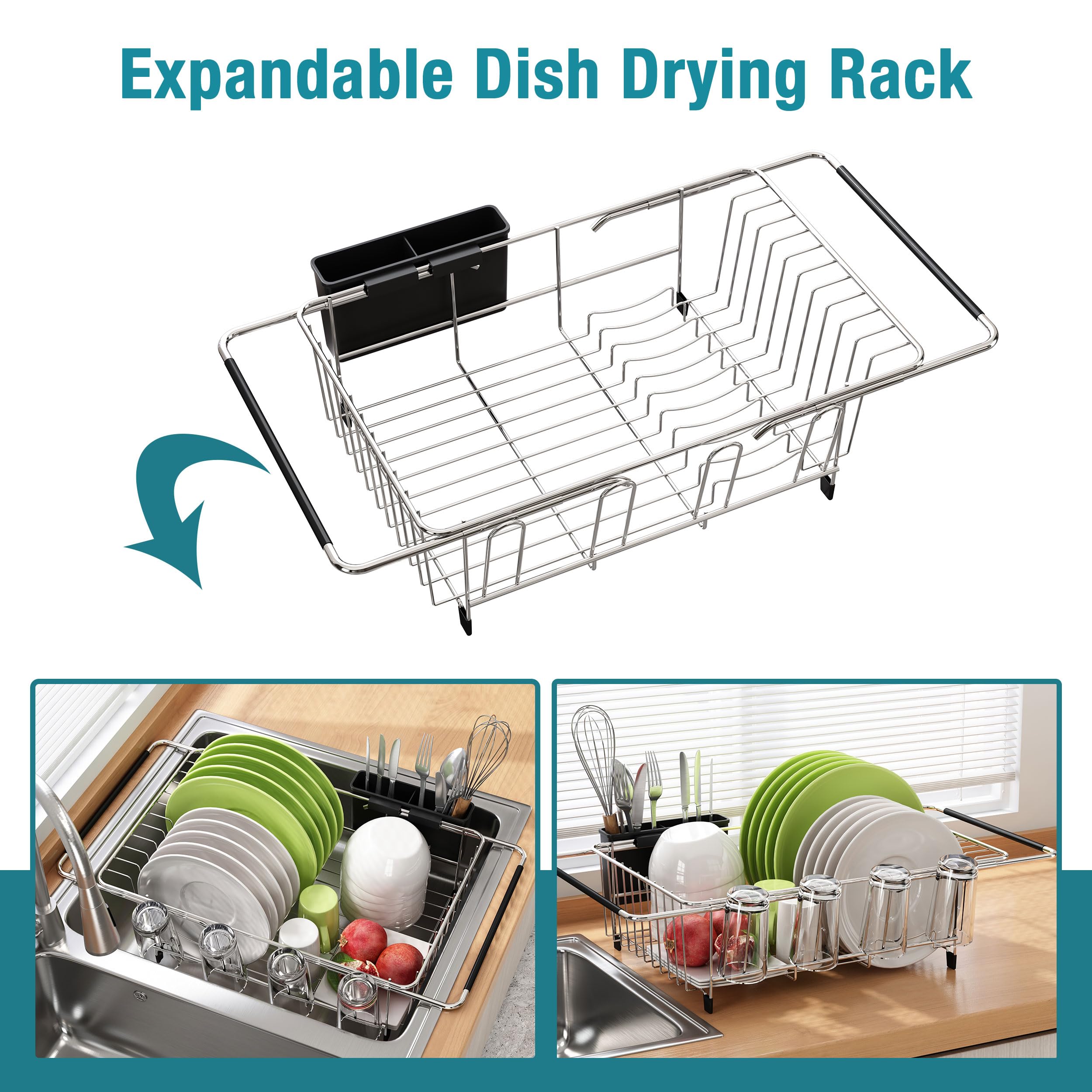 Jasiway Dish Drying Rack In Sink - Expandable Stainless Steel Dish Drainers For Kitchen Counter, Dish Dryer Rack For Inside Sink