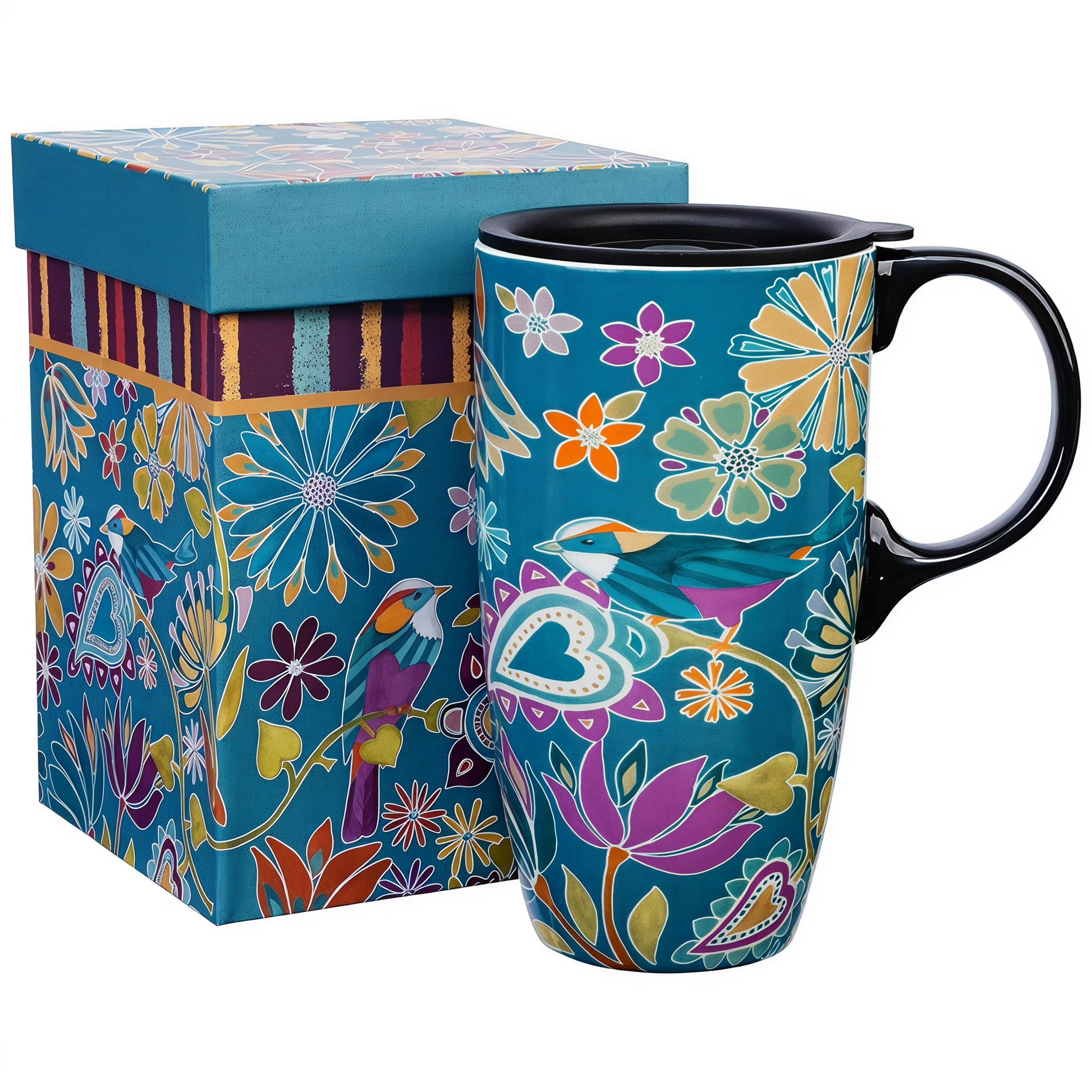 DUSVALLY 17oz Ceramic Travel Mug with Lid, Folk Art Bird Coffee Mug