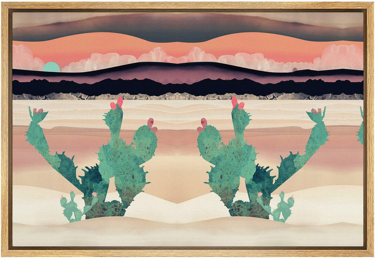 Signford Framed Canvas Print Wall Art Green Desert Cactus With Pink Flowers Abstract Wilderness Illustrations Modern Art Rustic