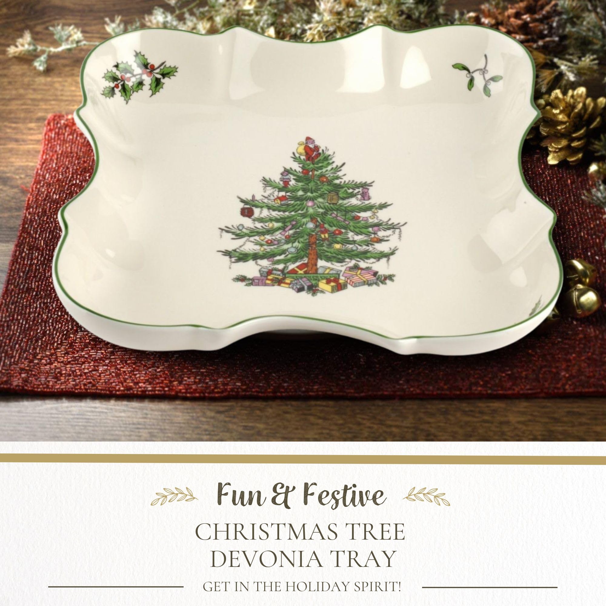 Spode Christmas Tree Devonia Tray - 8.5 Inch Festive Serving Bowl in Fine Earthenware for Salad, Pasta, Fruit - Holiday Tablewar