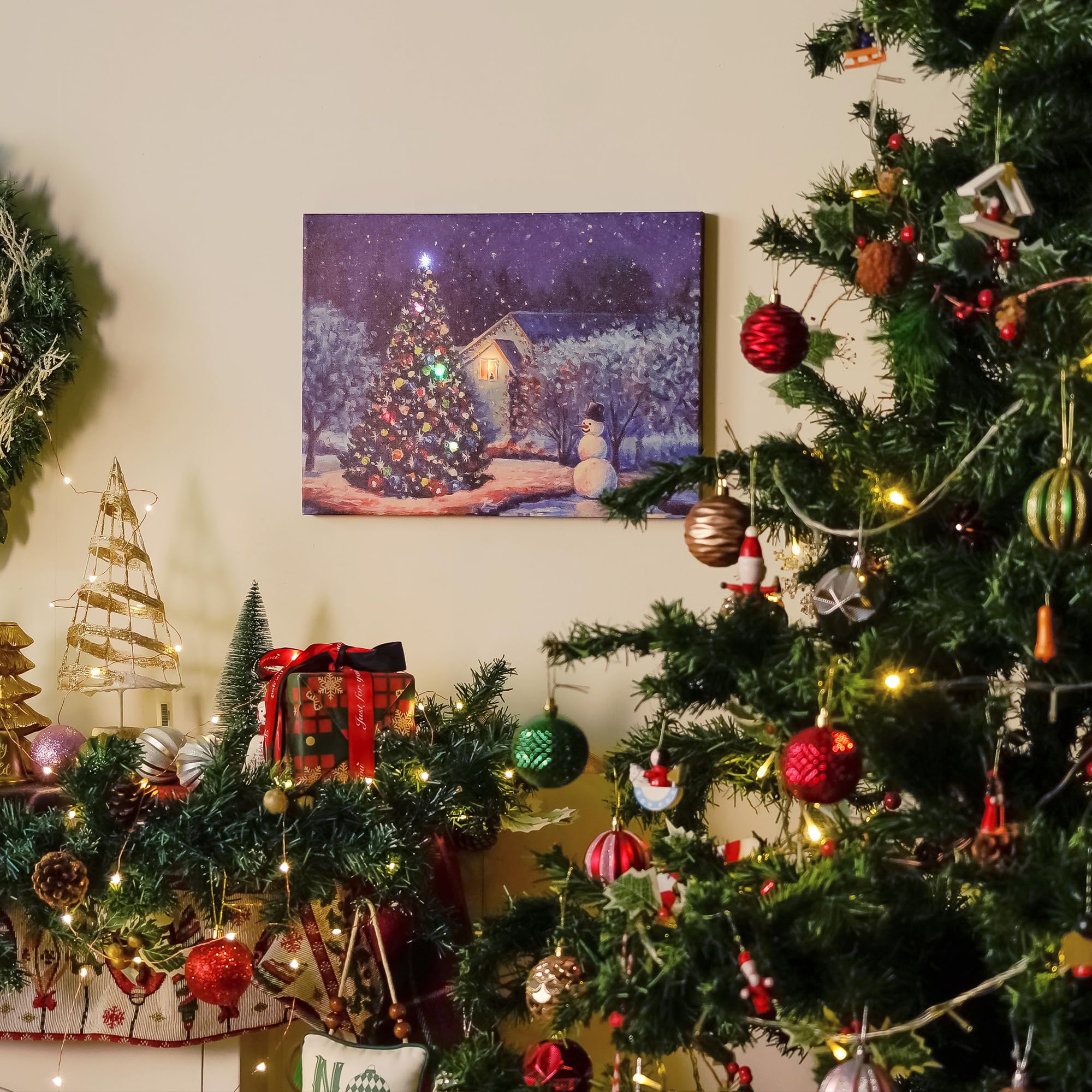 Soffee Design 12'' X 16'' Led Christmas Canvas Prints Wall Art, Light Up Snowy Scene Wall Hanging Picture For Holiday Decor, Bat