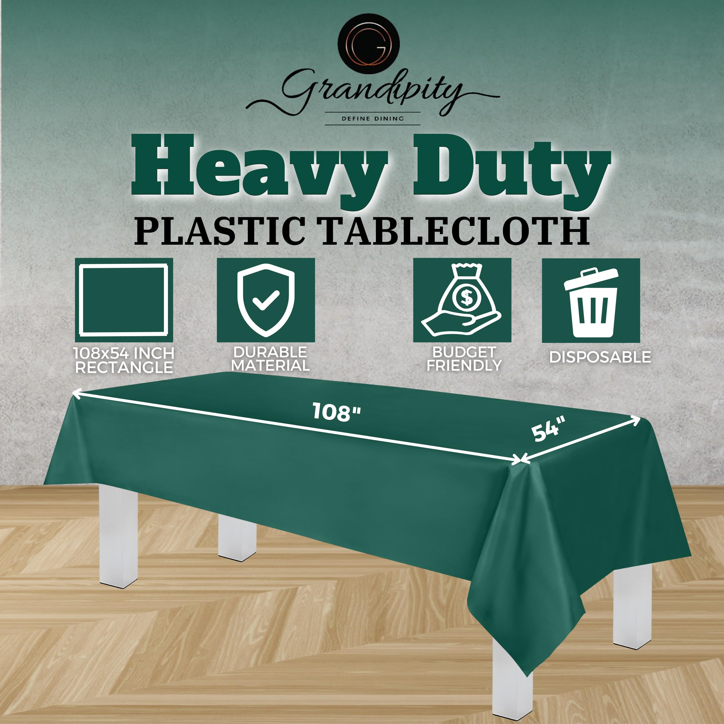 Grandipity Dark Green Plastic Table Cloth Disposable (6 Pk) 54In X 108In Plastic Tablecloths For Rectangle Tables - Premium Part