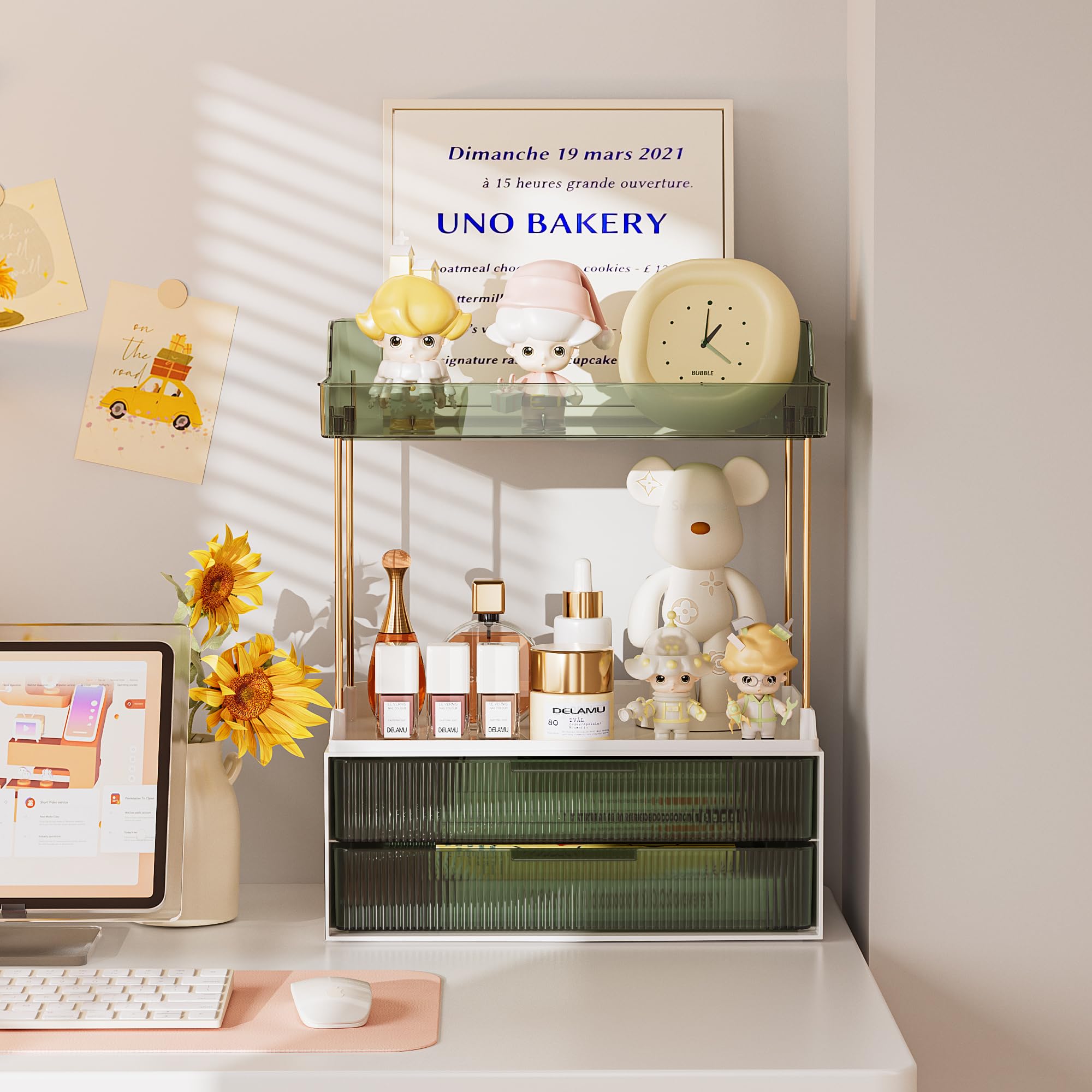 Delamu 2-Tier 2-Drawer Bathroom Organizer Countertop, Multi-Purpose Makeup Organizer Countertop, Large Skincare Organizers, Exqu