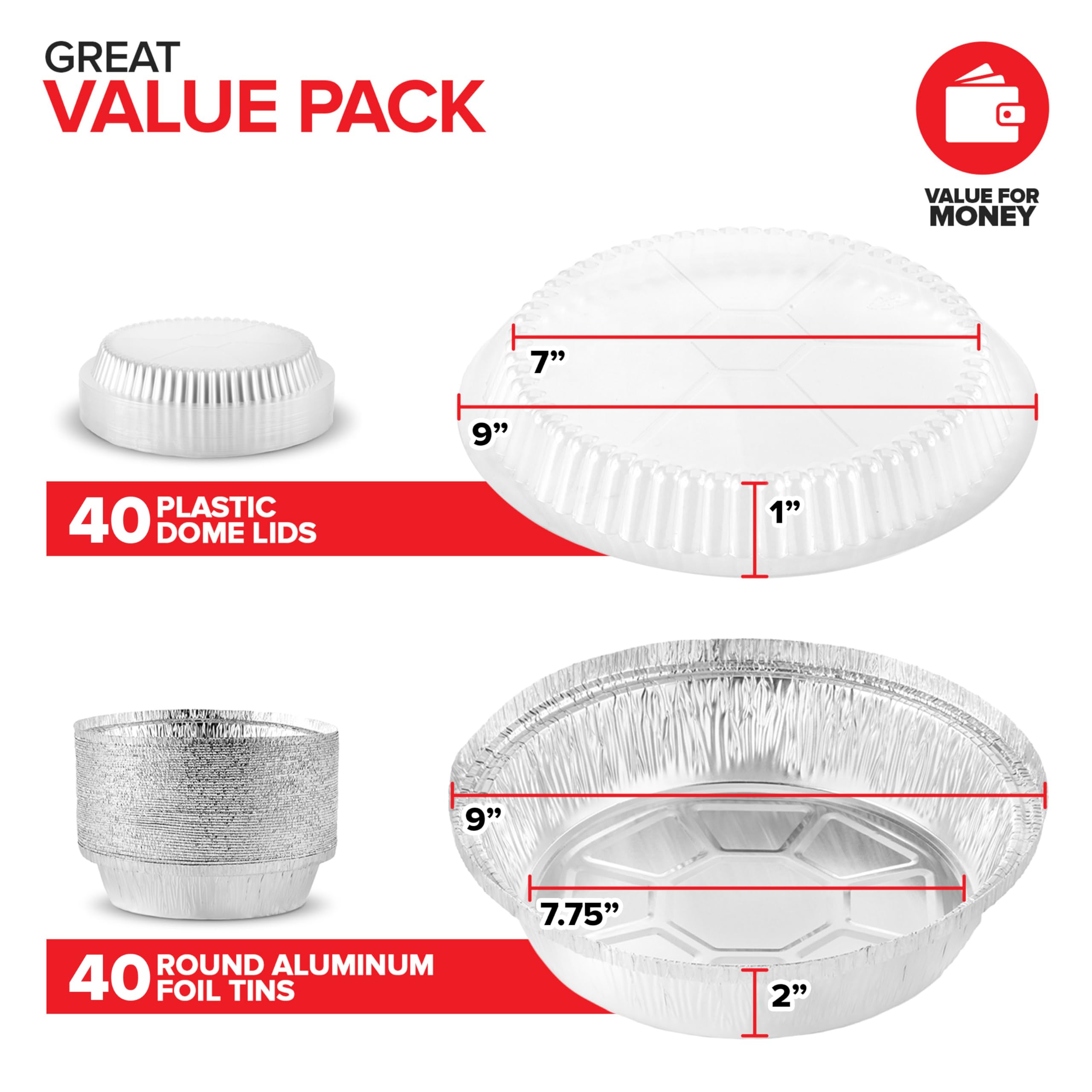 Stock Your Home 9'' Round Aluminum Foil Pans With Lids (40 Pack) Pie Tins Disposable 9 Inch With Lid, To-Go Containers For Pies,