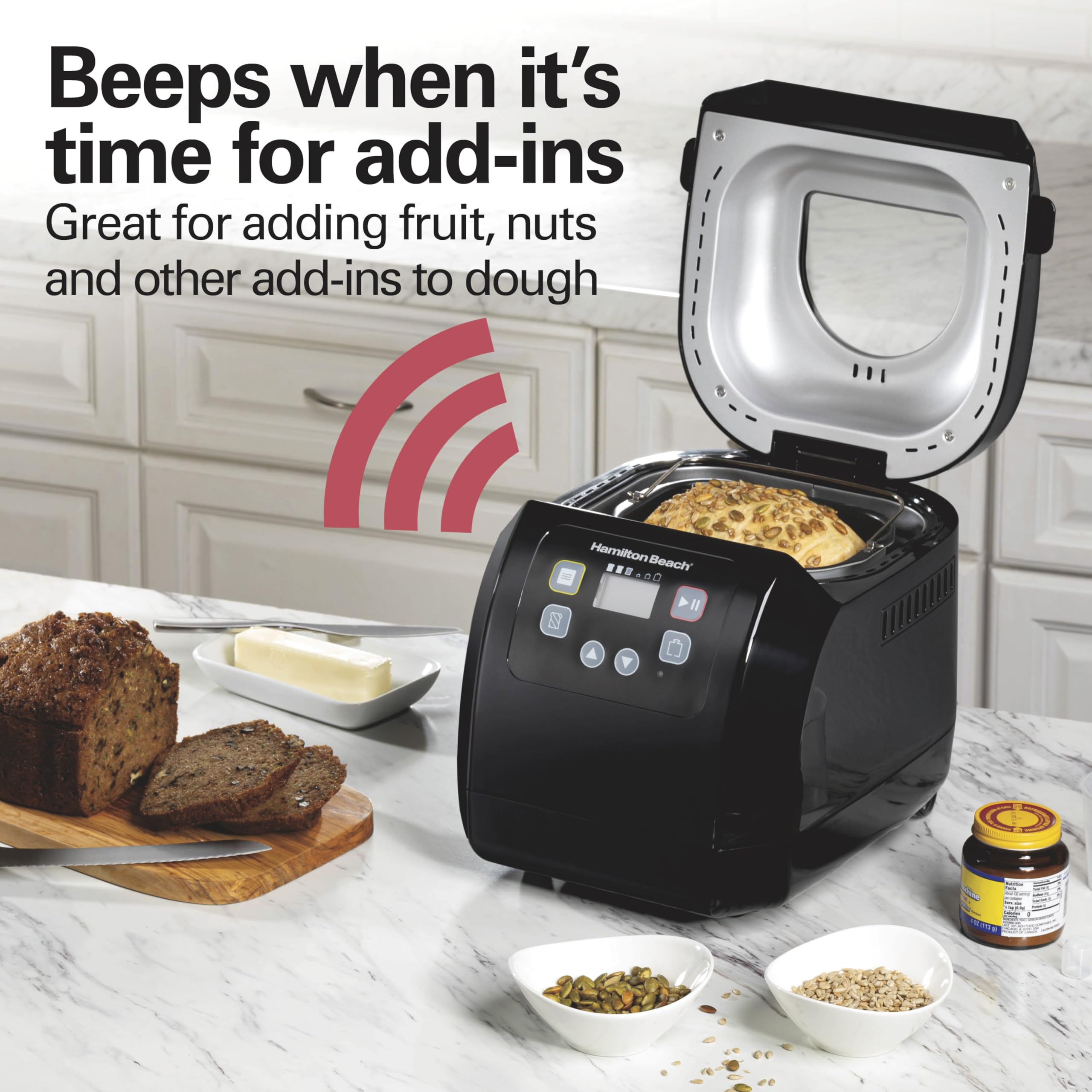 Hamilton Beach Bread Maker Machine  Digital  Programmable  12 Settings + Gluten Free  Dishwasher Safe Pan + Kneading Paddle  2 lb Capacity  Black (29982)