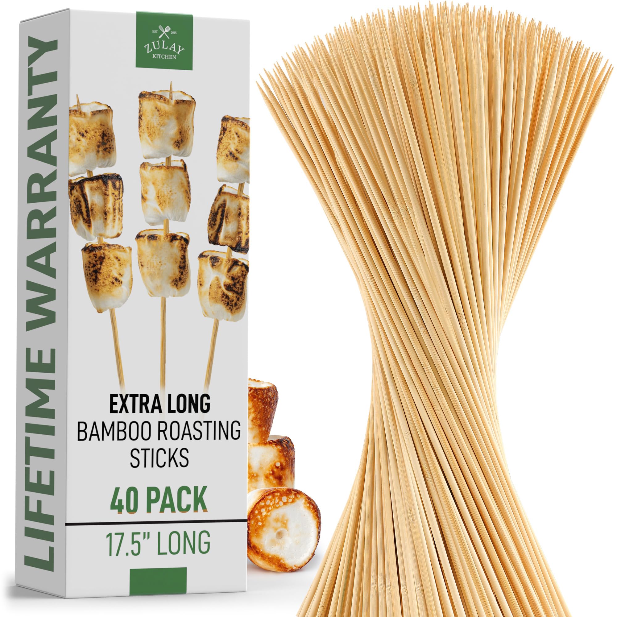 Zulay Kitchen Authentic Bamboo Marshmallow Smores Sticks - 40 Extra Long 17.5'' Roasting Sticks - 5Mm Heavy-Duty Bamboo Skewers