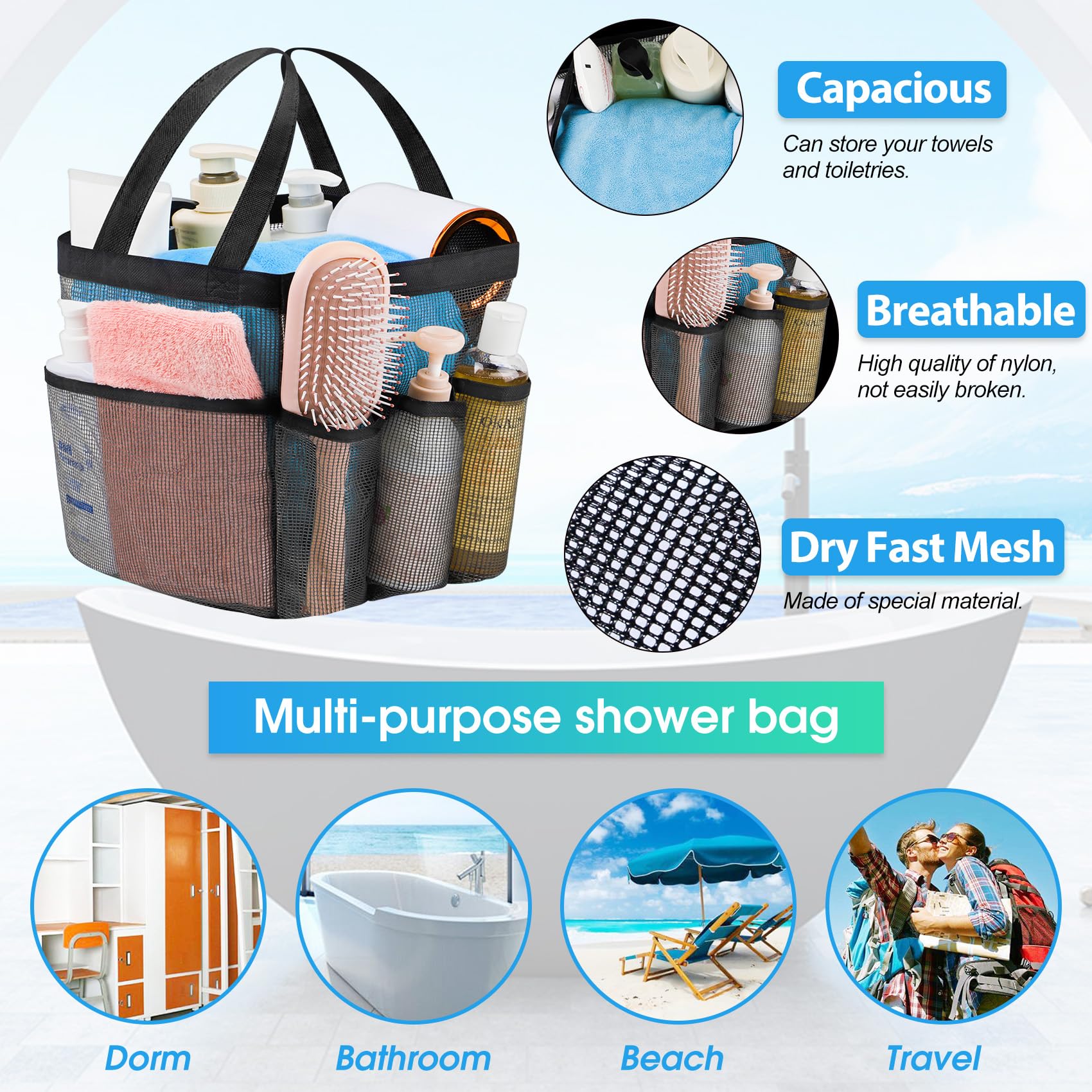 Attmu Mesh Shower Caddy Portable For College Dorm Room Essentials With 8 Pockets, Hanging Shower Caddy Dorm Basket, Quick Dry Sh