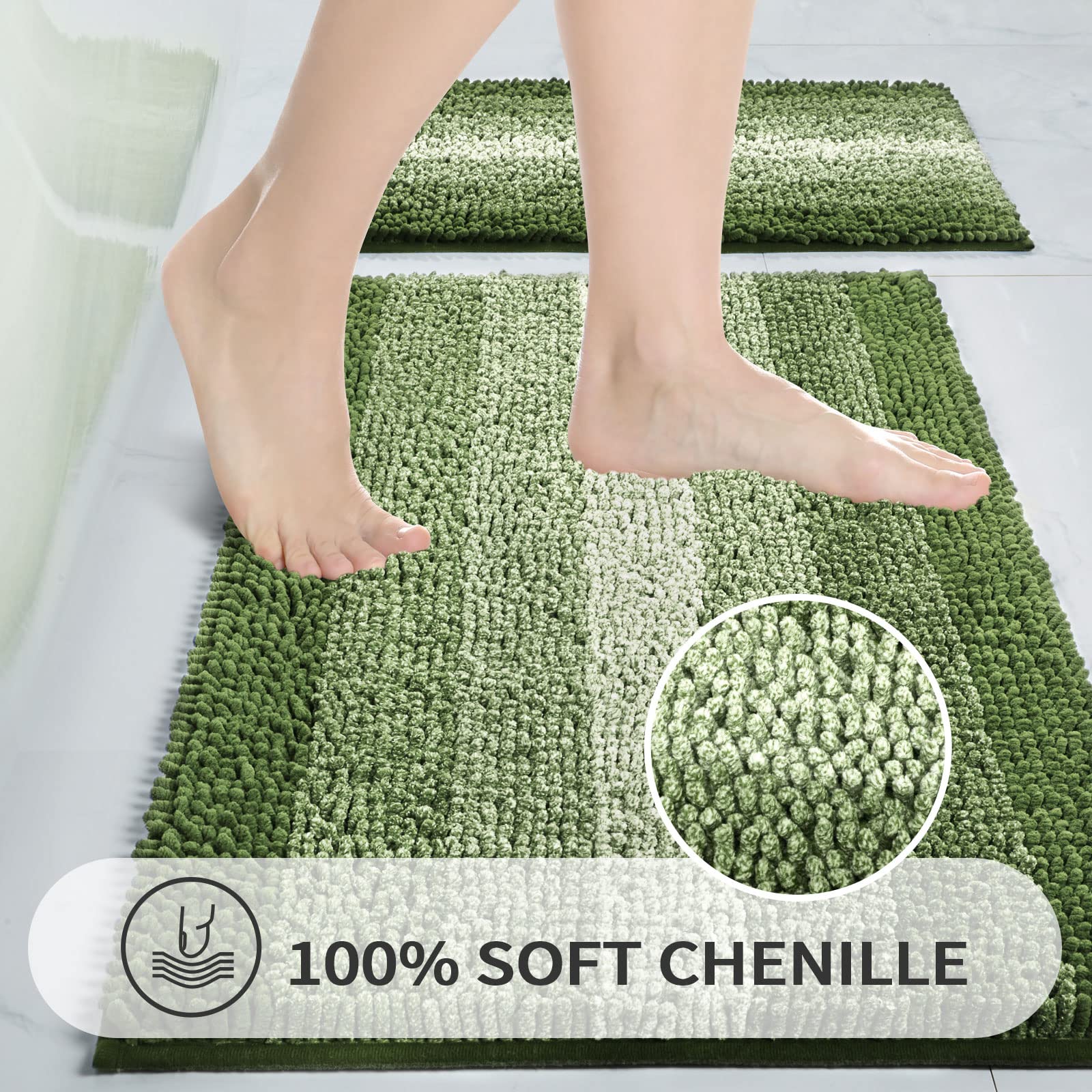 Gibelle Green Bathroom Rug Set 2 Piece, Chenille Non Slip Bath Mat Set, Absorbent Shower Rug And Bath Room Floor Mats, Quick Dry
