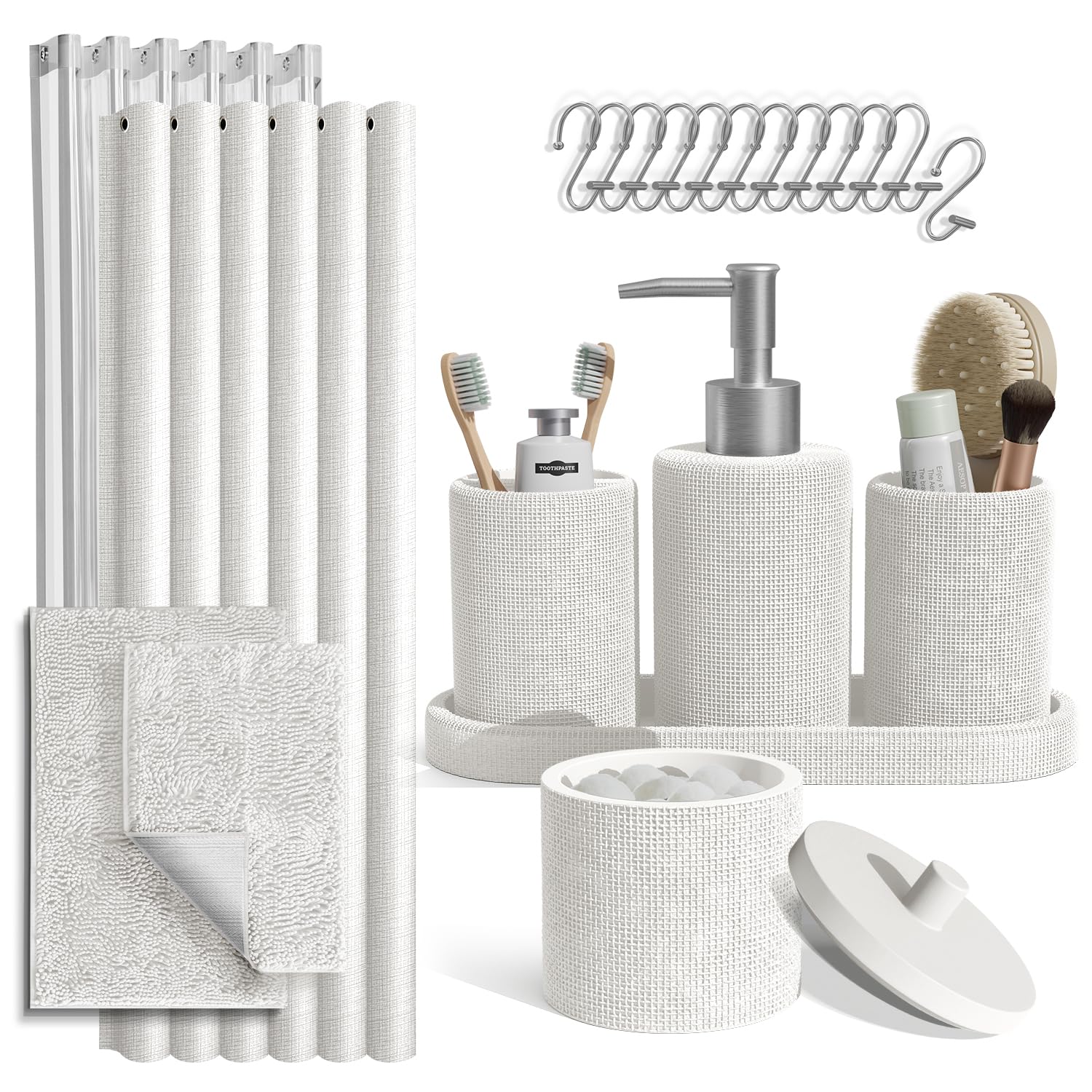 Clara Clark White Bathroom Set - Bathroom Sets with Shower Curtain and Rugs, 21PC Bathroom Accessory Set, Shower Curtain Set wit