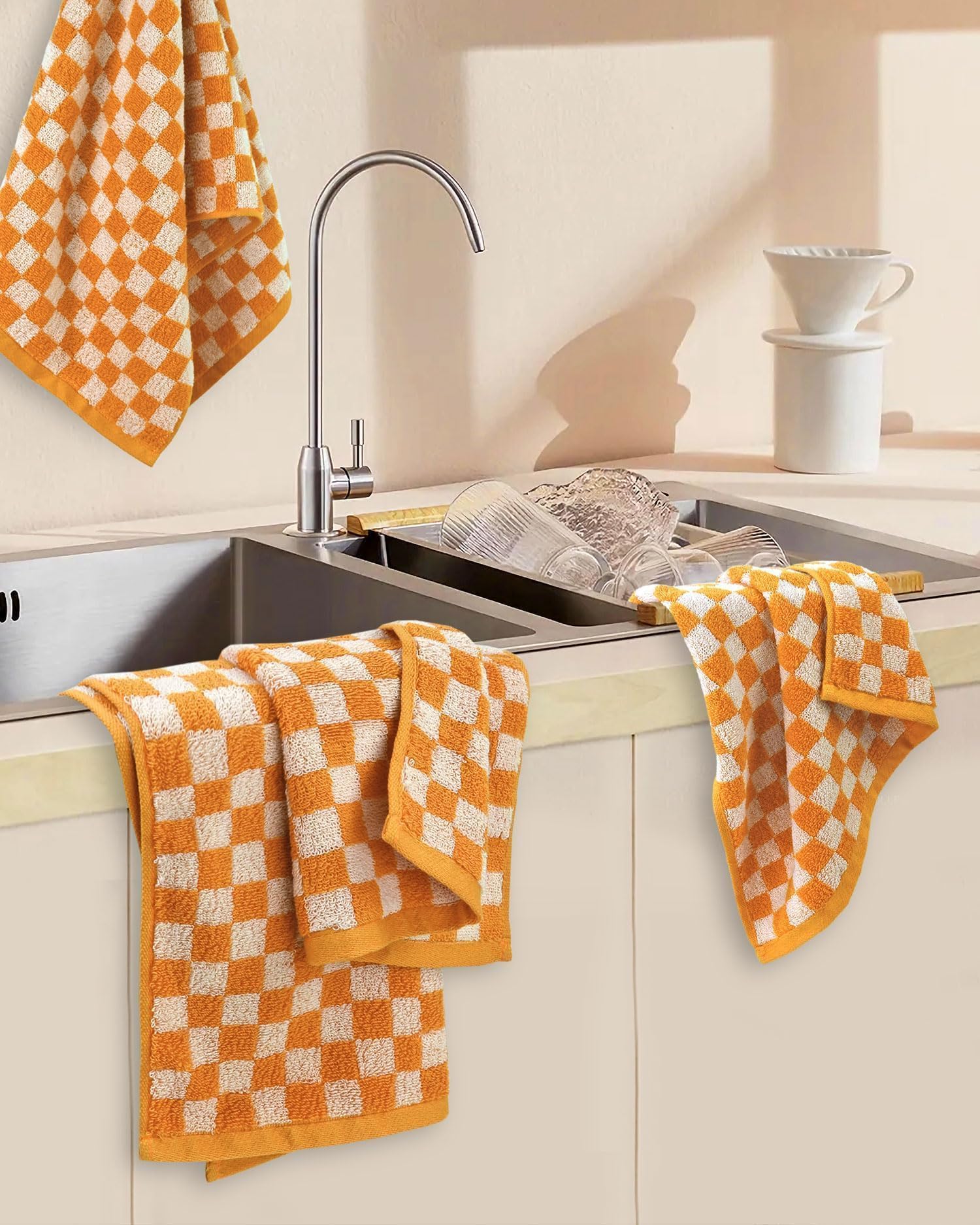 Jacquotha Soft Hand Towels 4 Pack, Orange Checkered Face Towel Set For Bathroom Kitchen, Fall Decorative Towel 13X29 Inches