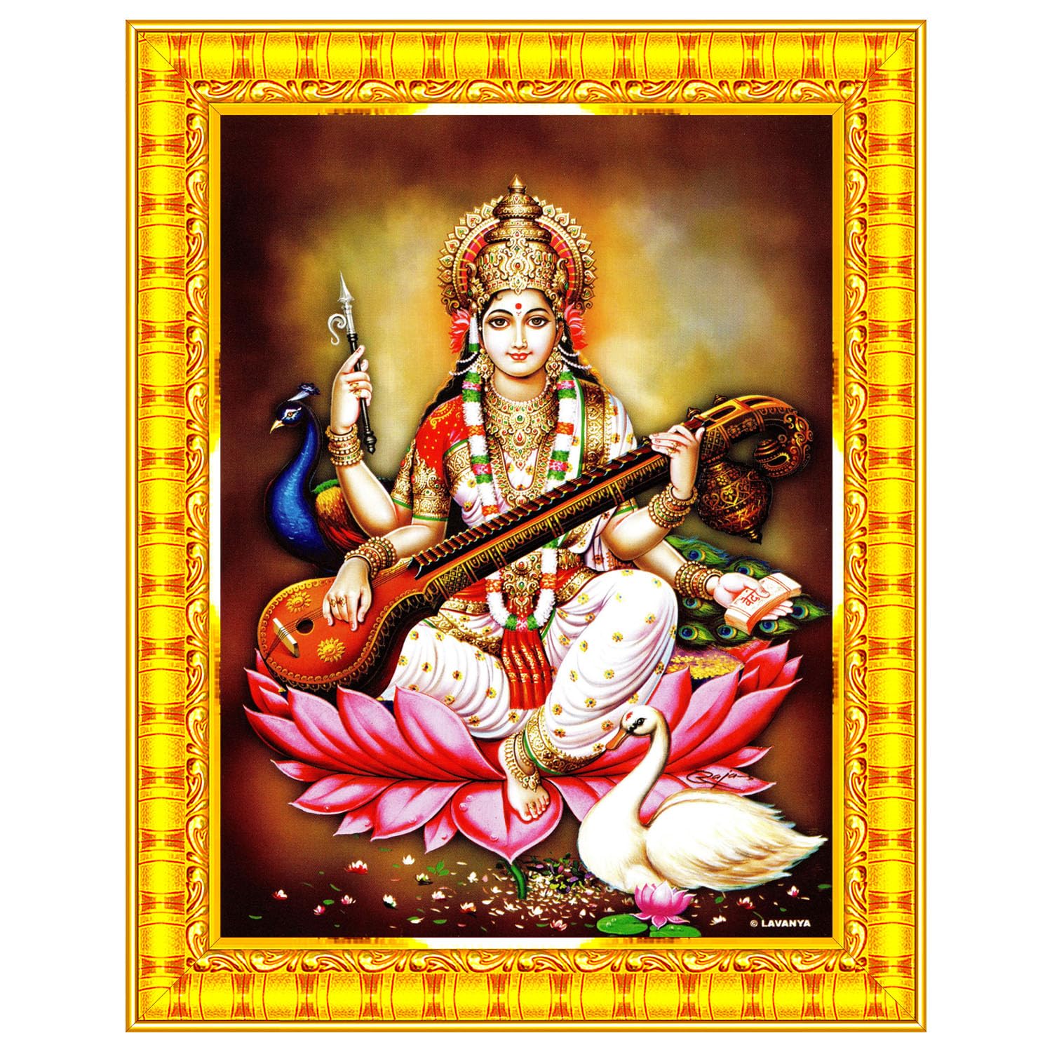 Pavan Photo Laminations Saraswati Devi Goddess Saraswathi Maa Wall Painting Framed Home Decor (Wood,Matte,Gold,Small Size,6 X 8