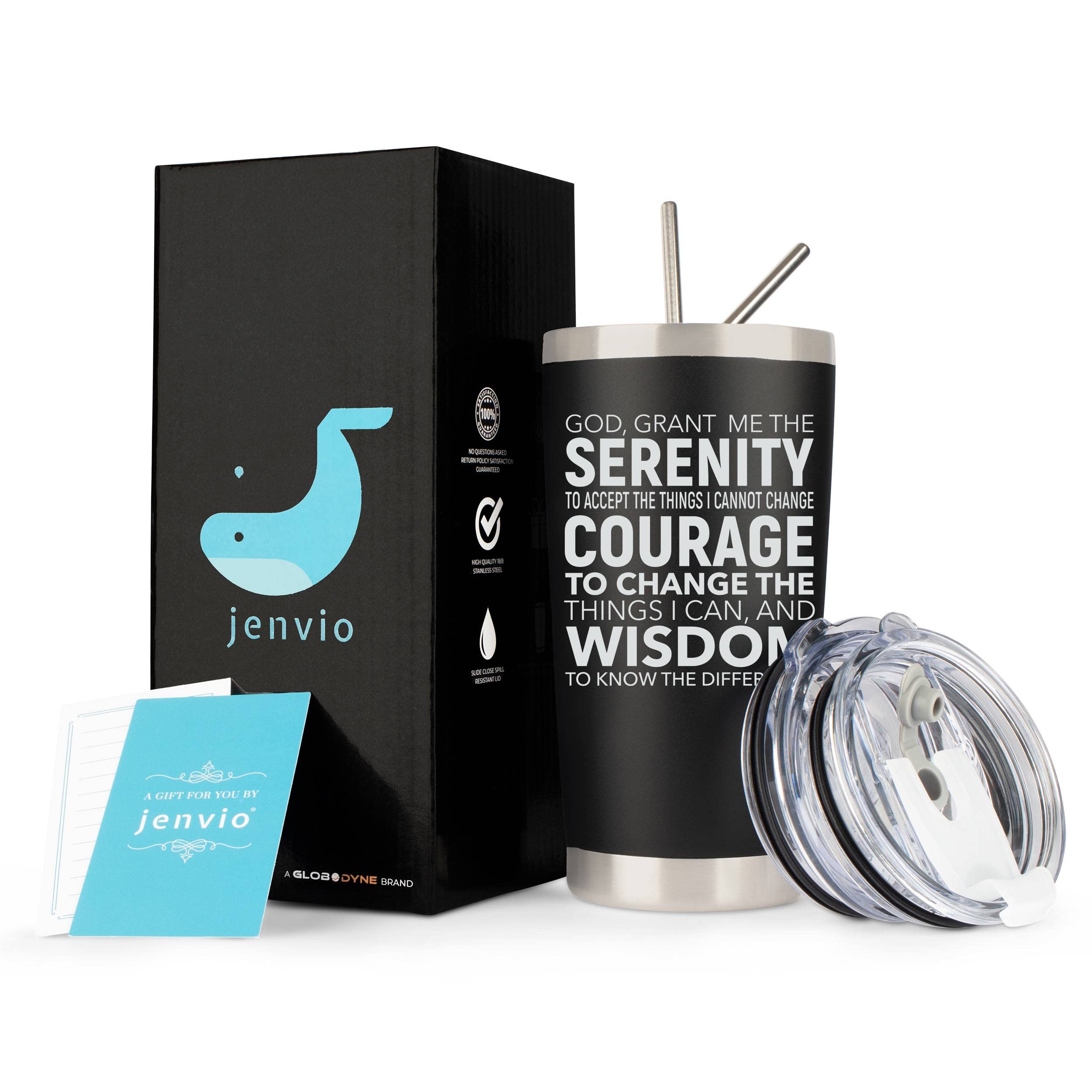 JENVIO Serenity Prayer Gifts  Stainless Steel Travel Tumbler Mug w/Lid and 2 Straws  Courage Wisdom Unique Coffee Sober AA Sobriety Gifts for Recovery Alcoholics Anonymous