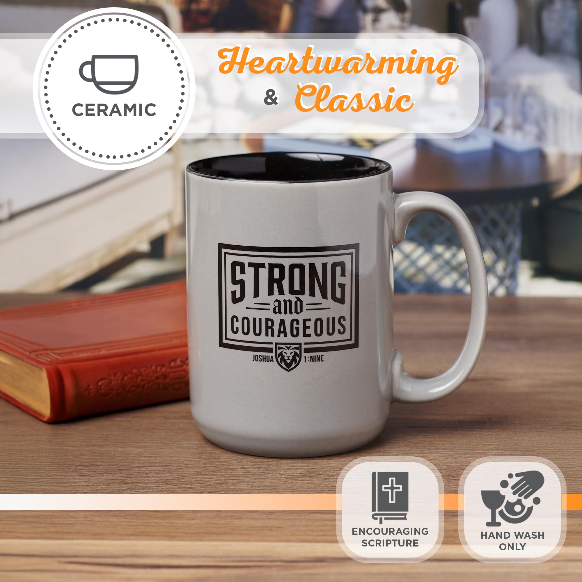 Christian Art Gifts Large Ceramic Inspirational Microwave & Dishwasher Safe Coffee & Tea Mug for Dads: Strong & Courageous Encou
