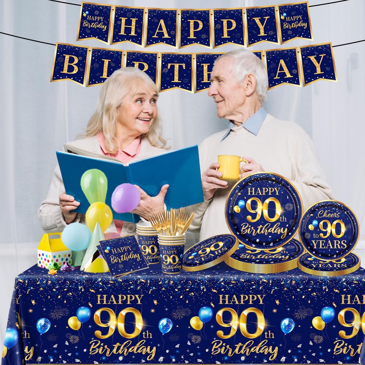 90Th Birthday Decoration Men-142Pcs Navy Blue And Gold Birthday Tableware Set(Serve For 20) Include Happy 90Th Birthday Banner P
