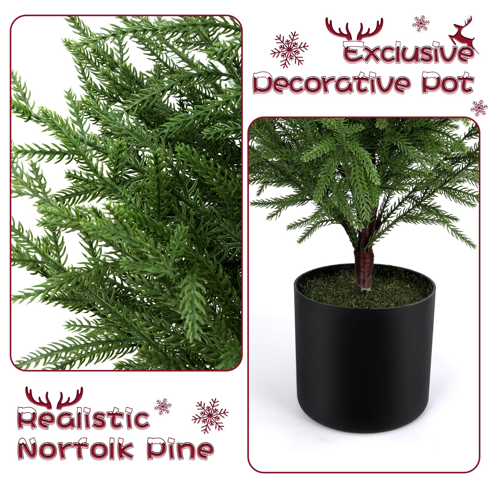 ENVEN 2FT Artificial Norfolk Pine Christmas Tree - Tabletop Faux Tree Unlit/Prelit with 50 LED Lights & 8-Function Battery Box,