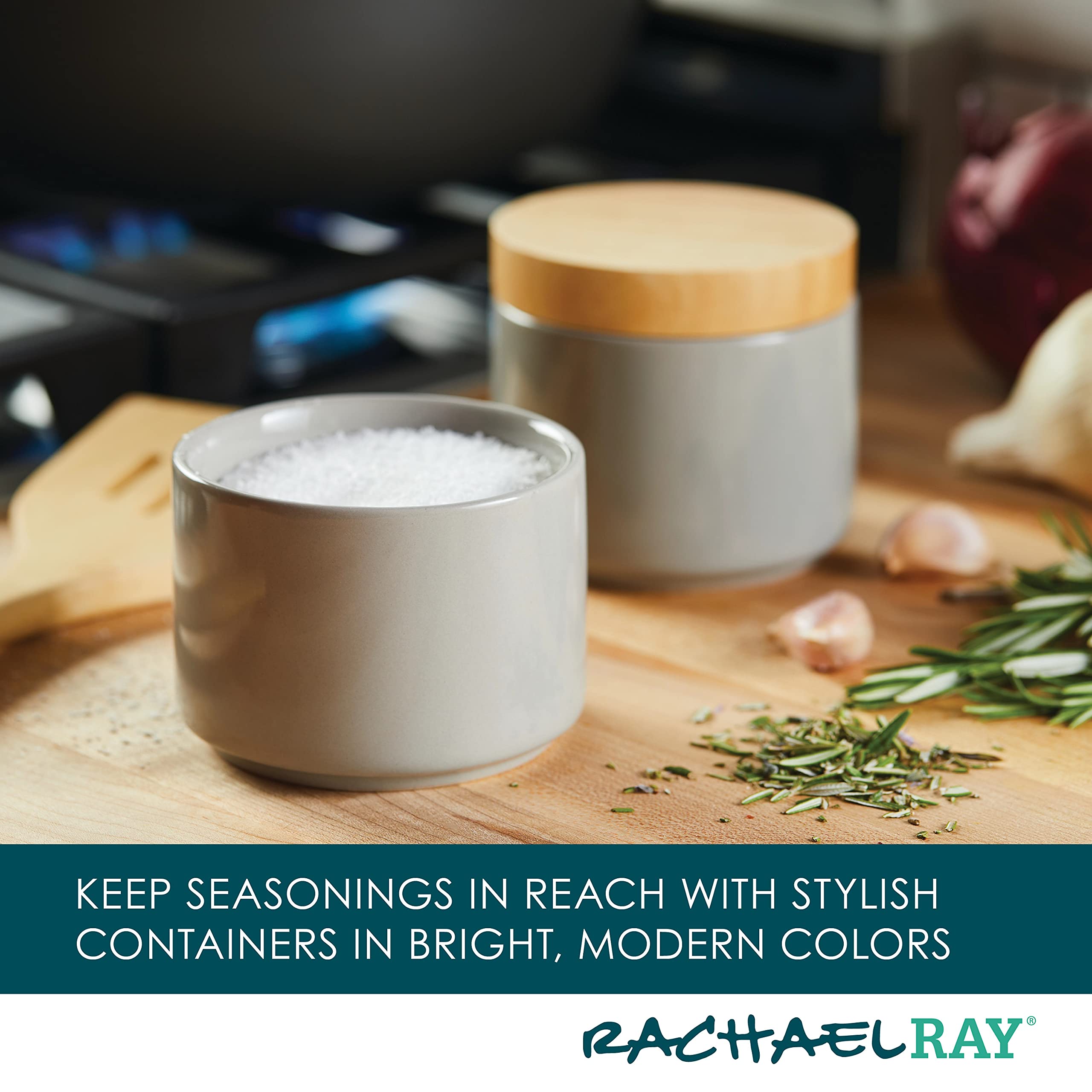 Rachael Ray Ceramics Stacking Spice/Seasoning Box Set with Lid, 2 Piece, Light Gray