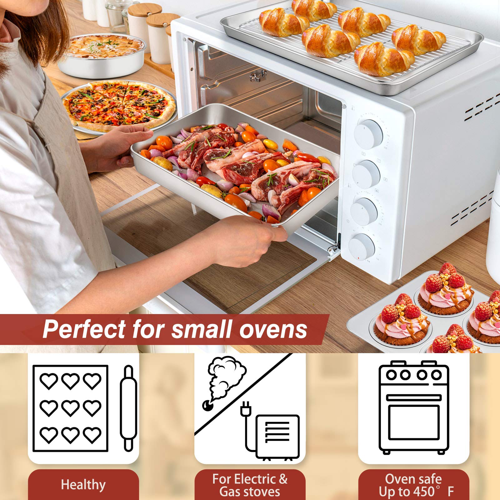 E-far Stainless Steel Toaster Oven Bakeware Set, 6-Piece, Non-Toxic, Easy Clean, Silver