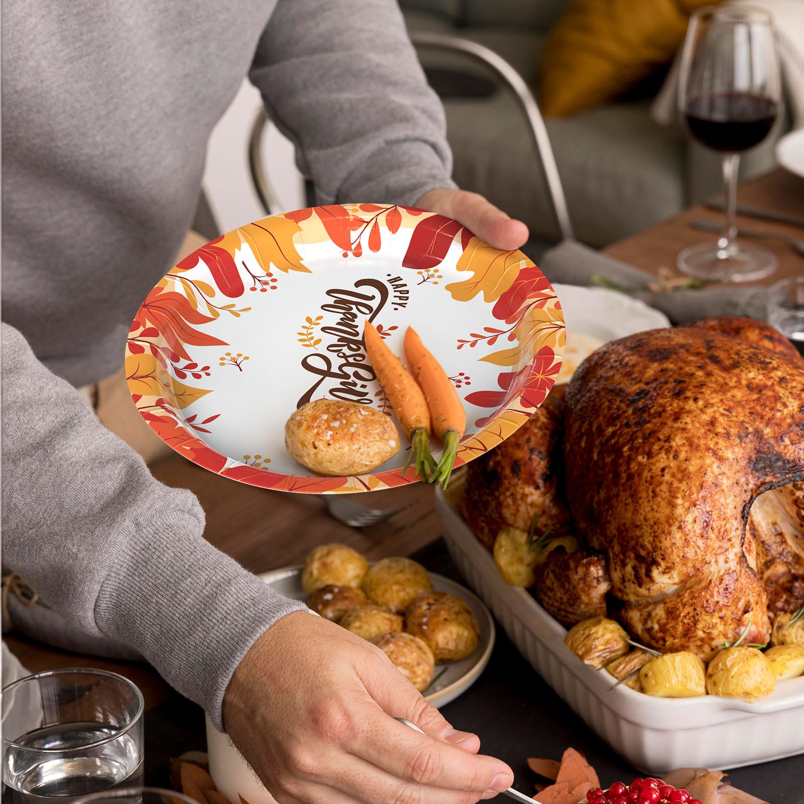 Gezond 50 Pcs Thanksgiving Oval Paper Plates, 10 x 12.5 Fall Disposable Heavy Duty Plates for Thanks Theme Party Supplies Autumn