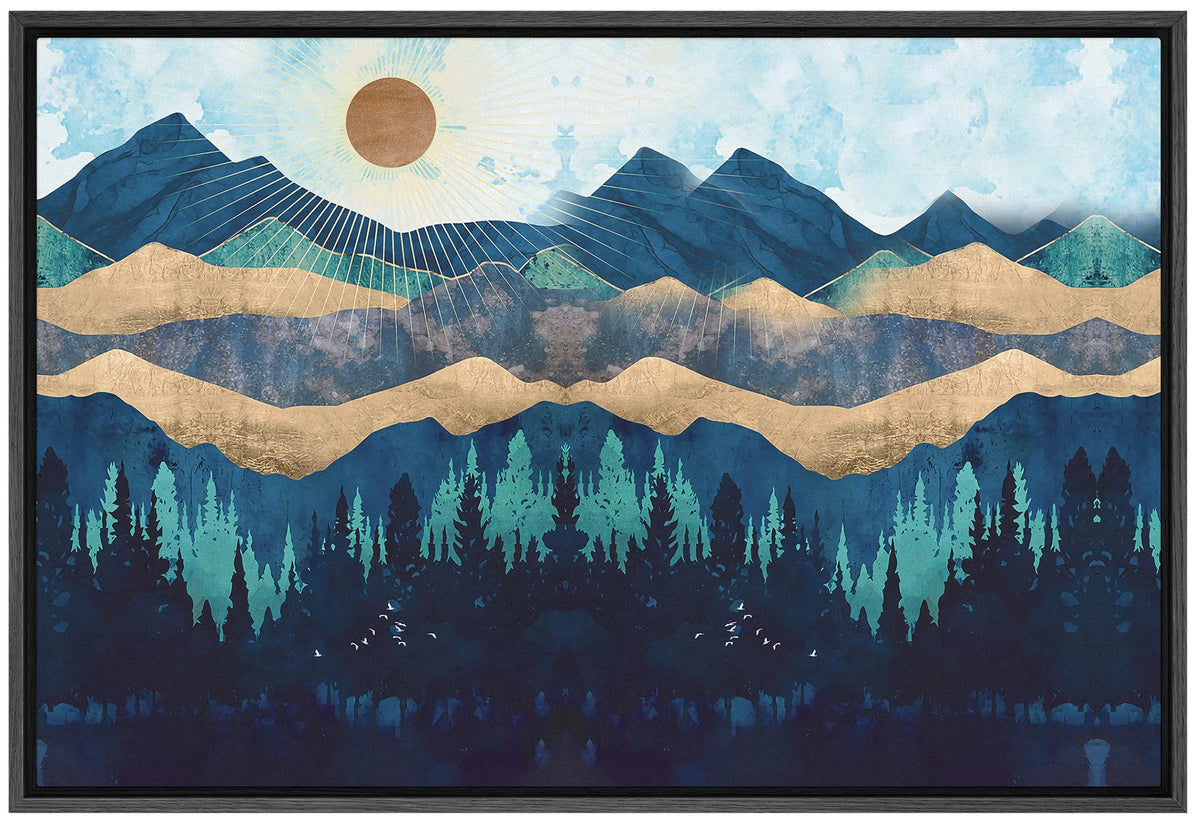 Signford Framed Canvas Print Wall Art Woodland Nursery Decor Blue Mountains & Forest Under Shining Sun Abstract Wilderness Moder
