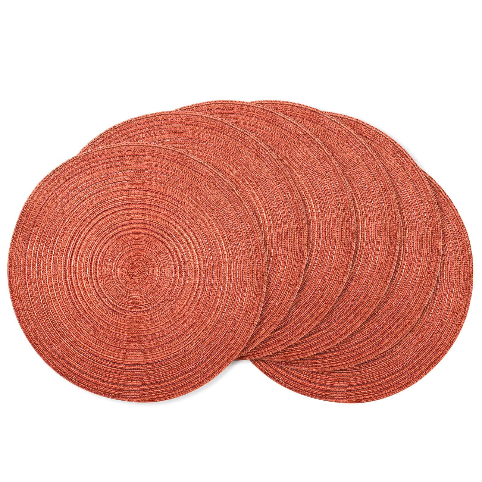AHHFSMEI Round Placemats Set of 6 Round Braided Placemats 15 Inch Table Mats for Dining Tables Washable Heat Resistant Place mats For Party BBQ Christmas and Everyday Use (dark orange w/o silver yarn)