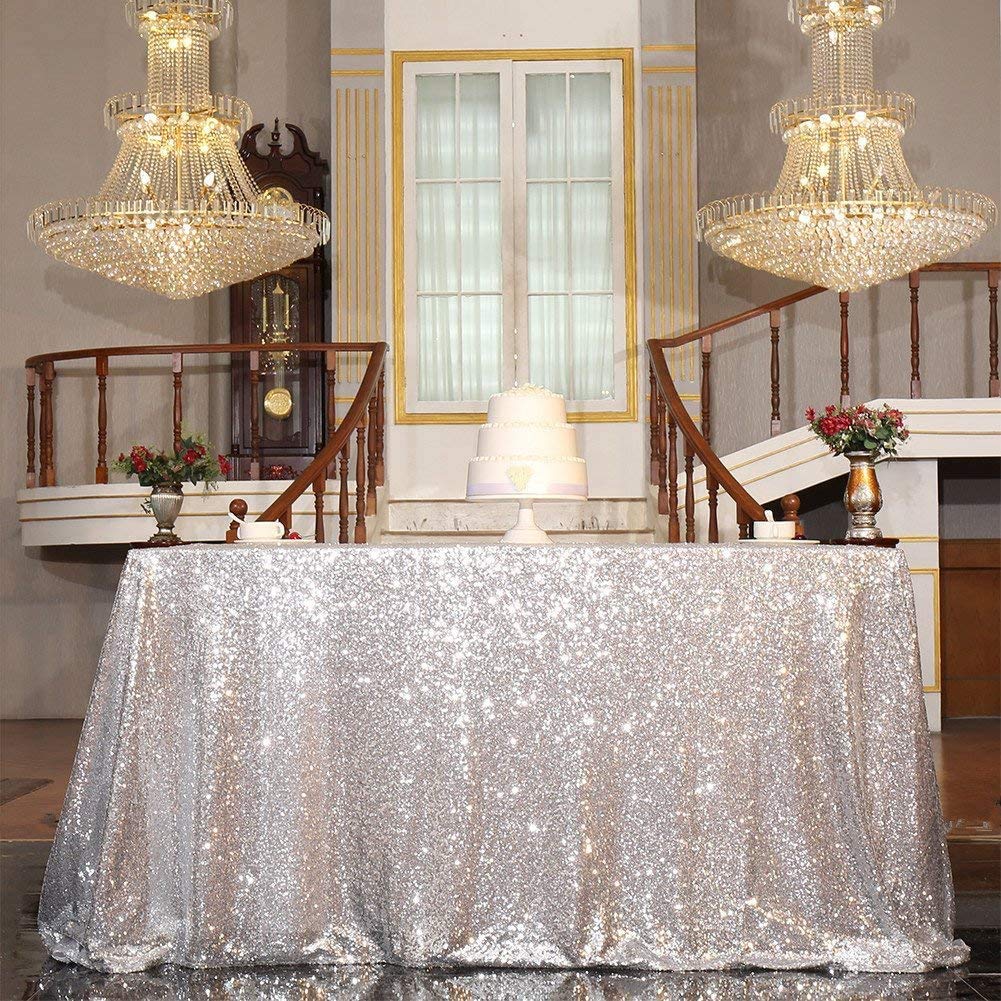 Juya Delight 90'' X 132'' Silver Sequin Rectangle Tablecloth For Wedding Birthday Party Festival Ceremony Cake Dessert Table