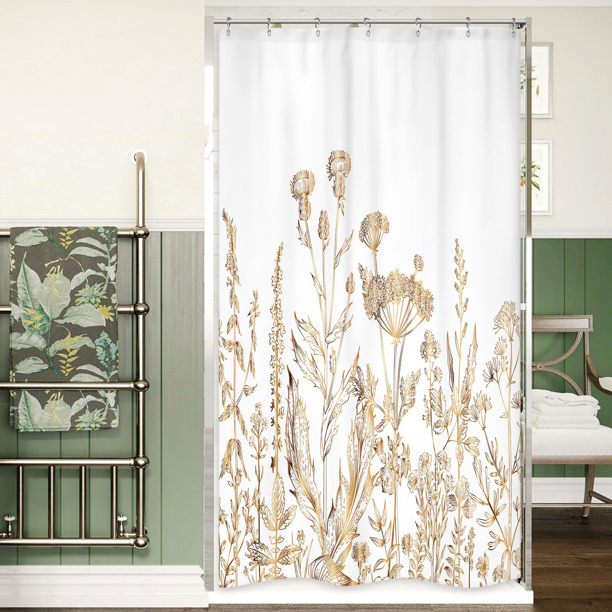 Riyidecor Small Stall Rv White Gold Floral Shower Curtain For Bathroom Decor 36Wx72H Wildflower Rustic Botanical Herbs Plant Lea